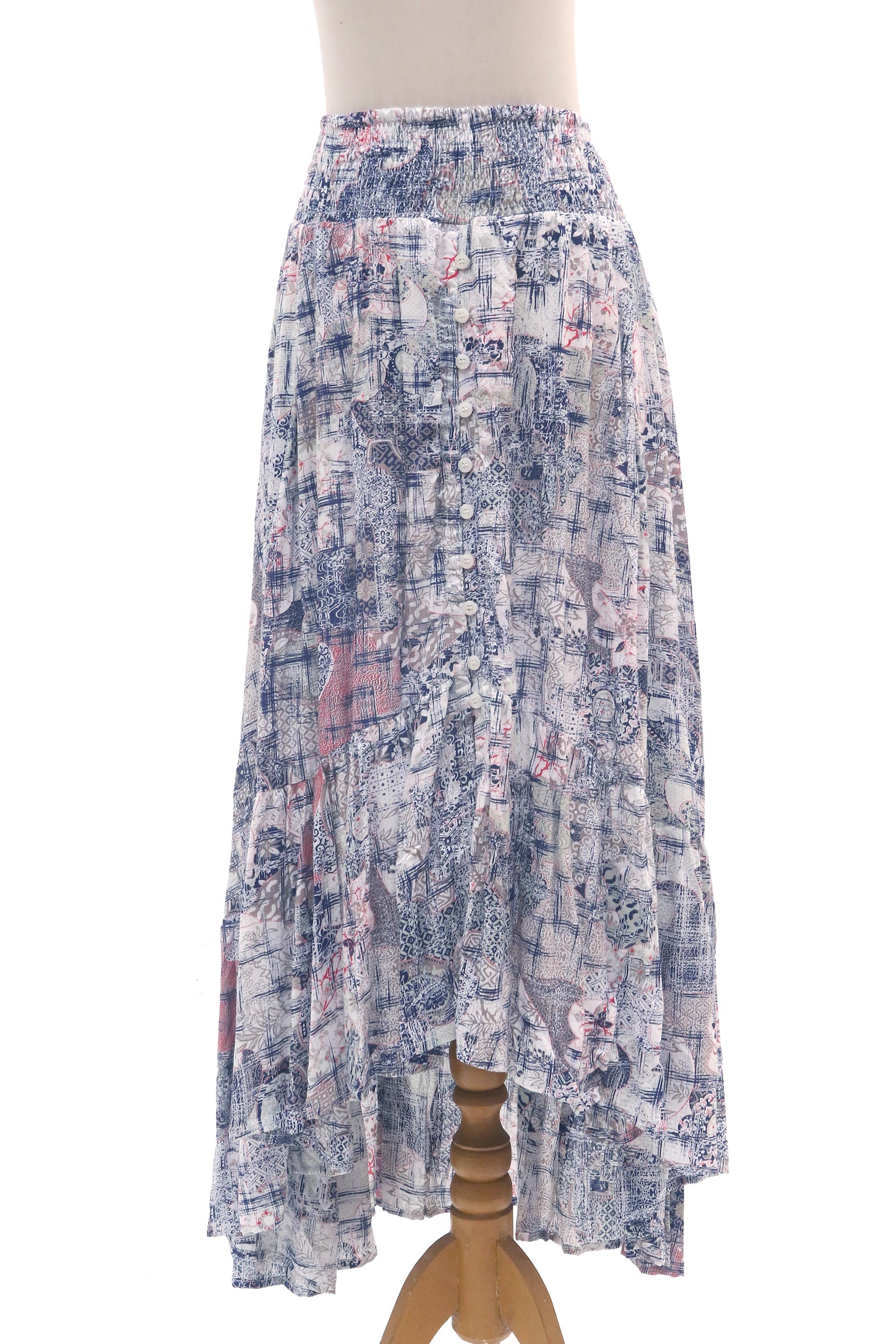 Premium Elastic Waist High-Low Rayon Skirt with Patchwork Print