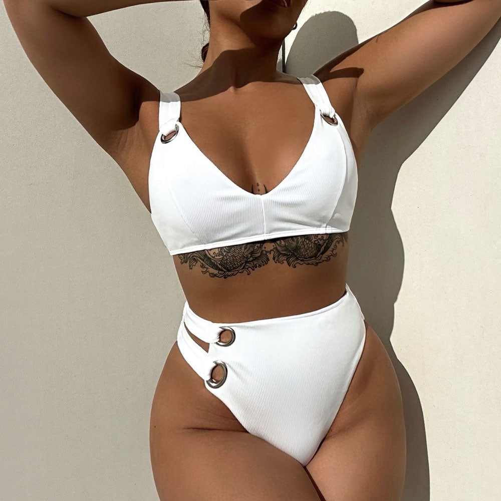 Premium Ribbed Cutout High-Waist V-Neck Bikini Set