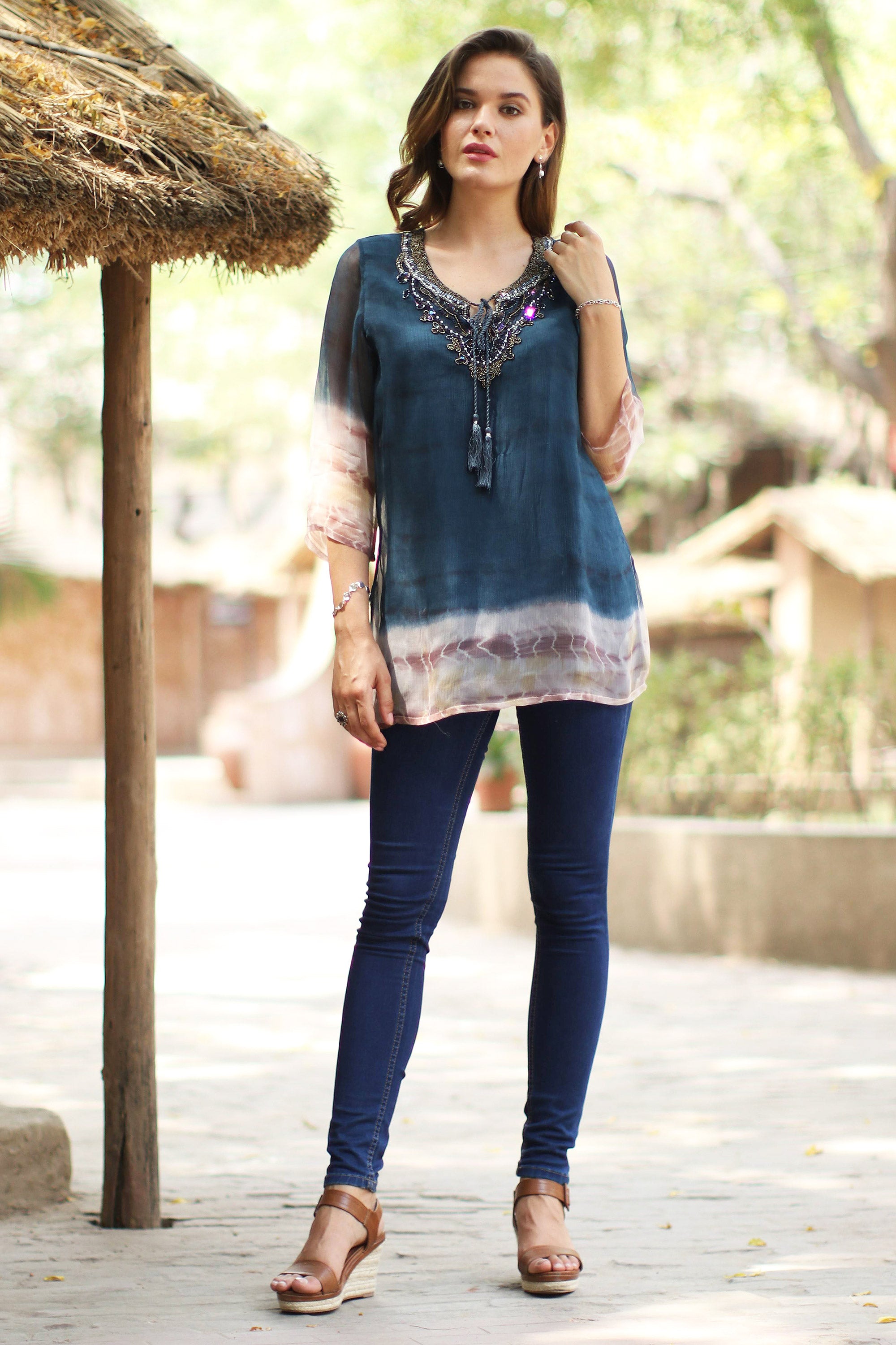 Premium Azure Tie-Dye Viscose Tunic - Handcrafted in India