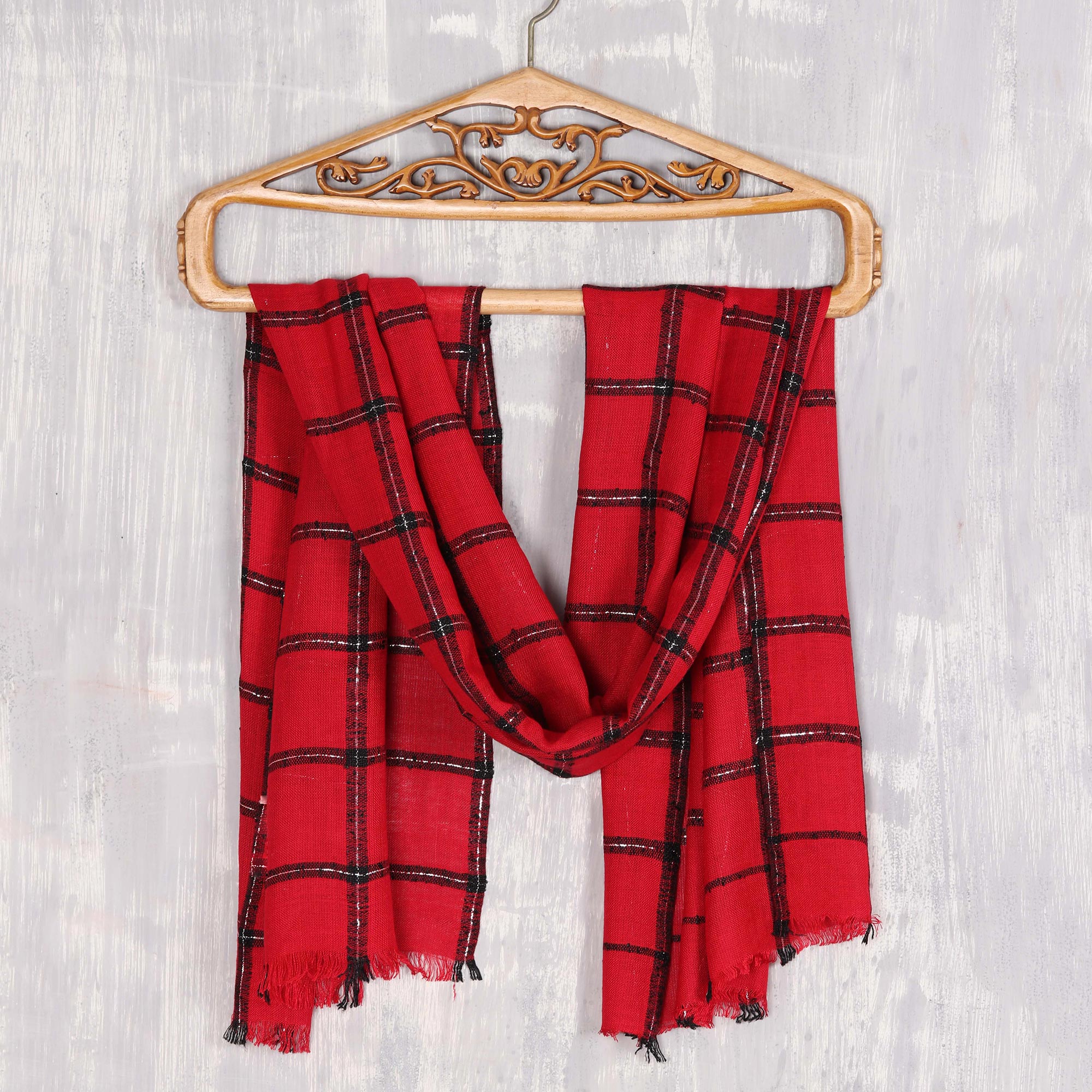 Premium Crimson Checks Wrap Scarf – Luxe Viscose Blend with Metallic Threads