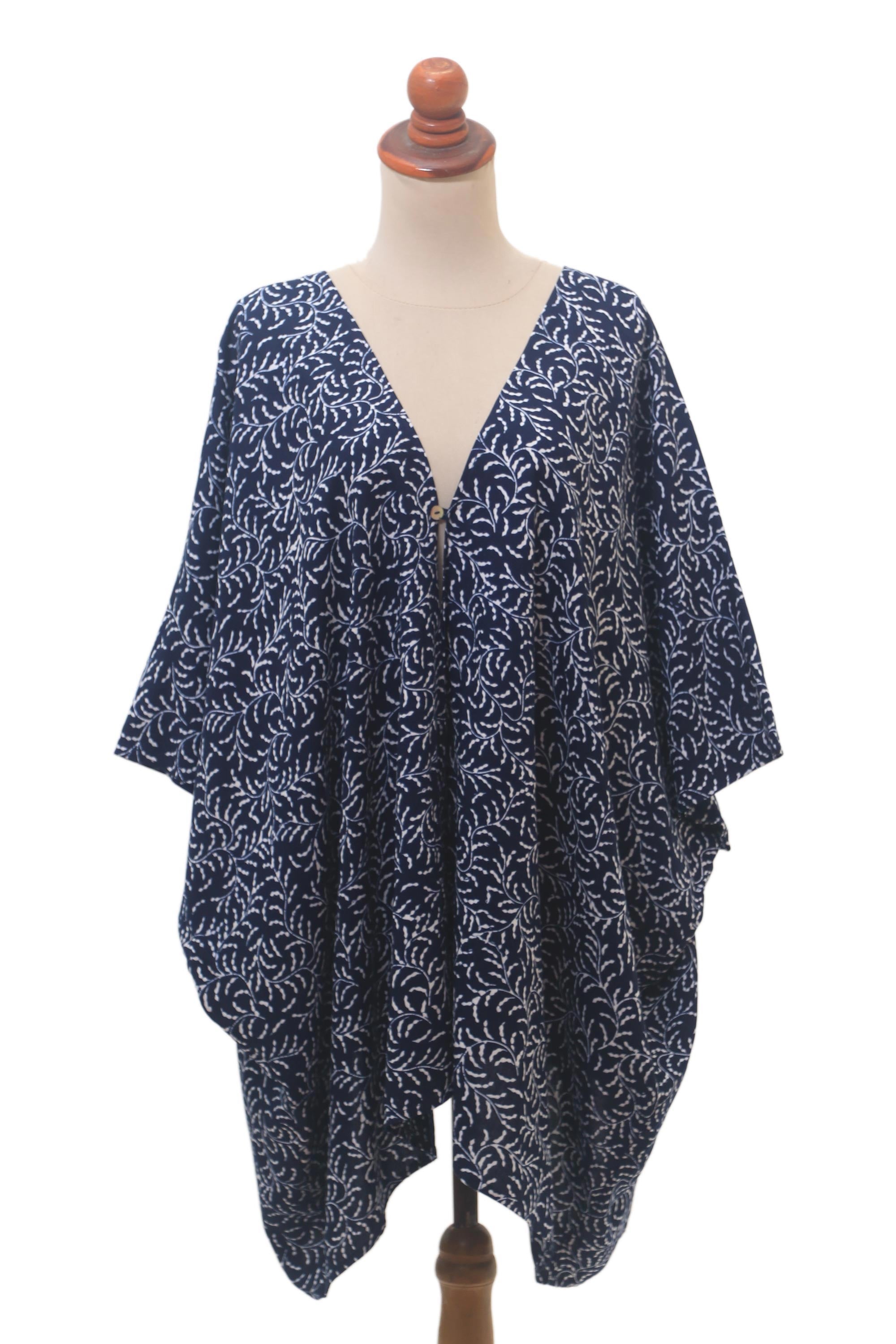 Premium Many Leaves Batik Rayon Kimono Jacket – Midnight & White, Handcrafted in Bali