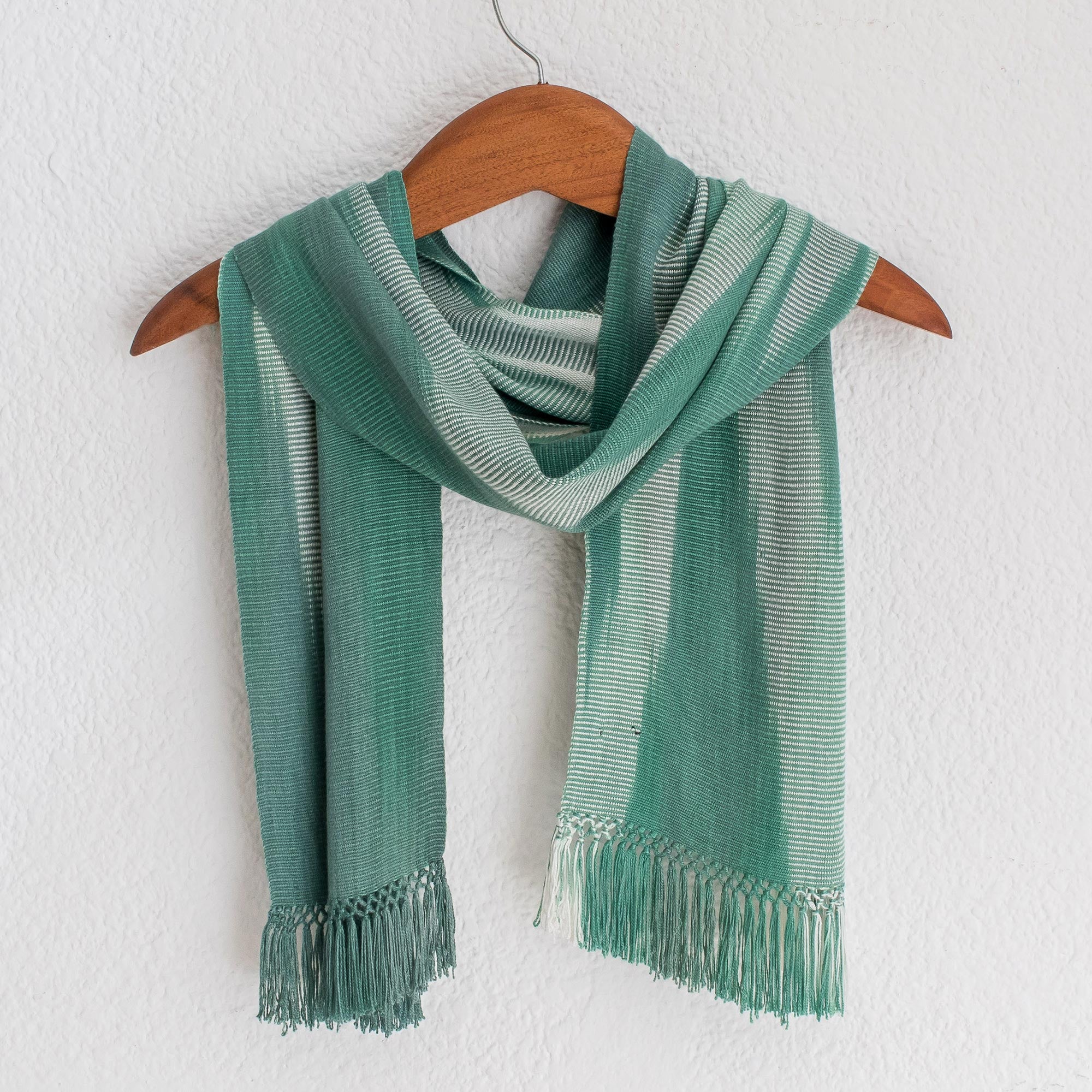 Premium Iridescent Eucalyptus Rayon Scarf - Handwoven Green & White Guatemalan Design