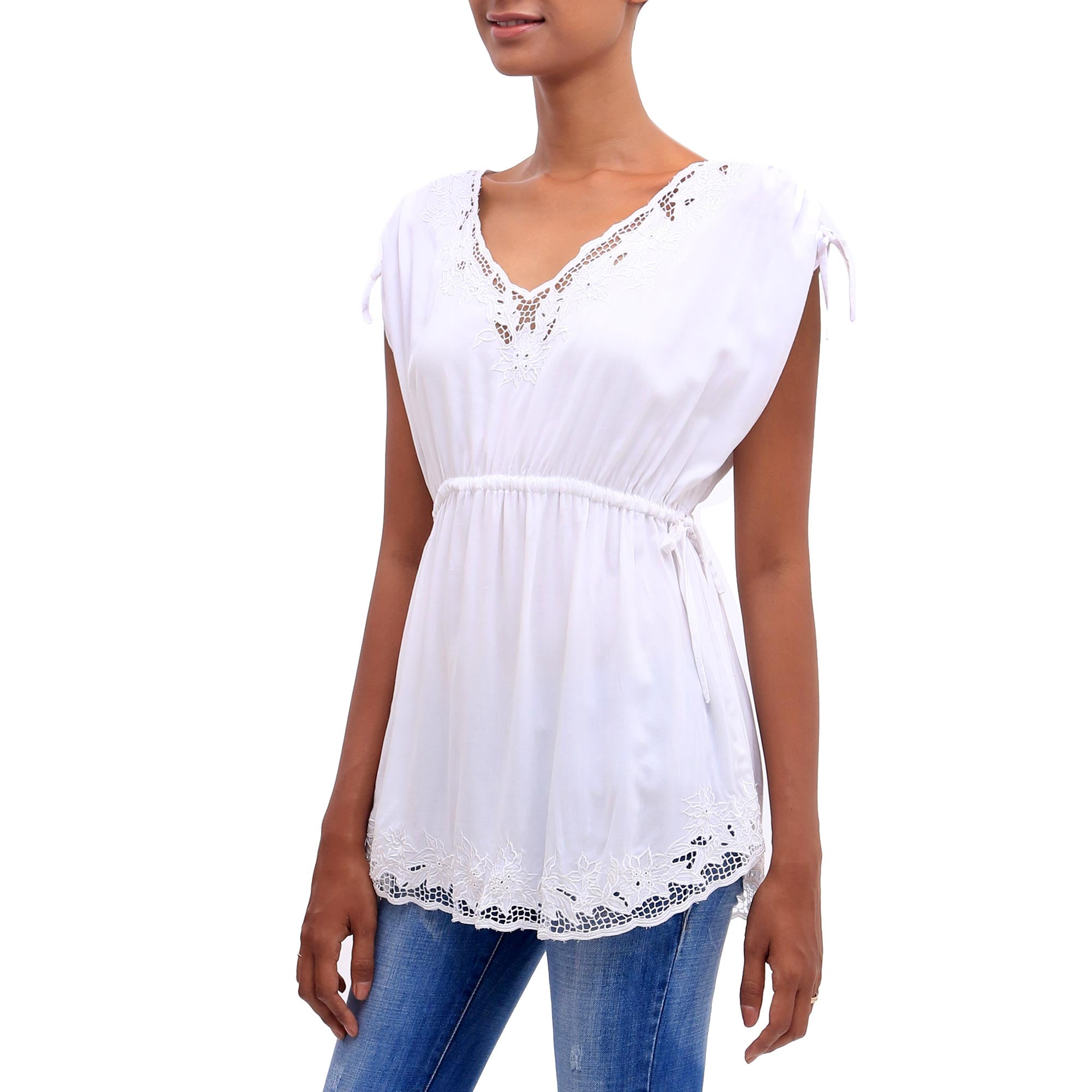 Premium White Floral Embroidered Rayon Blouse - Artisan Crafted in Bali