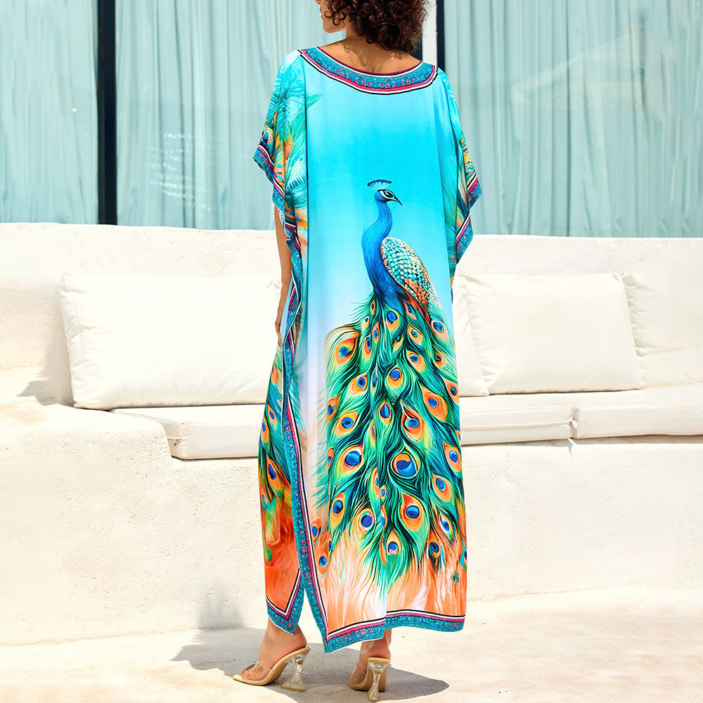 Premium Peacock Print Oversized Caftan - Summer Essential Cover-Up