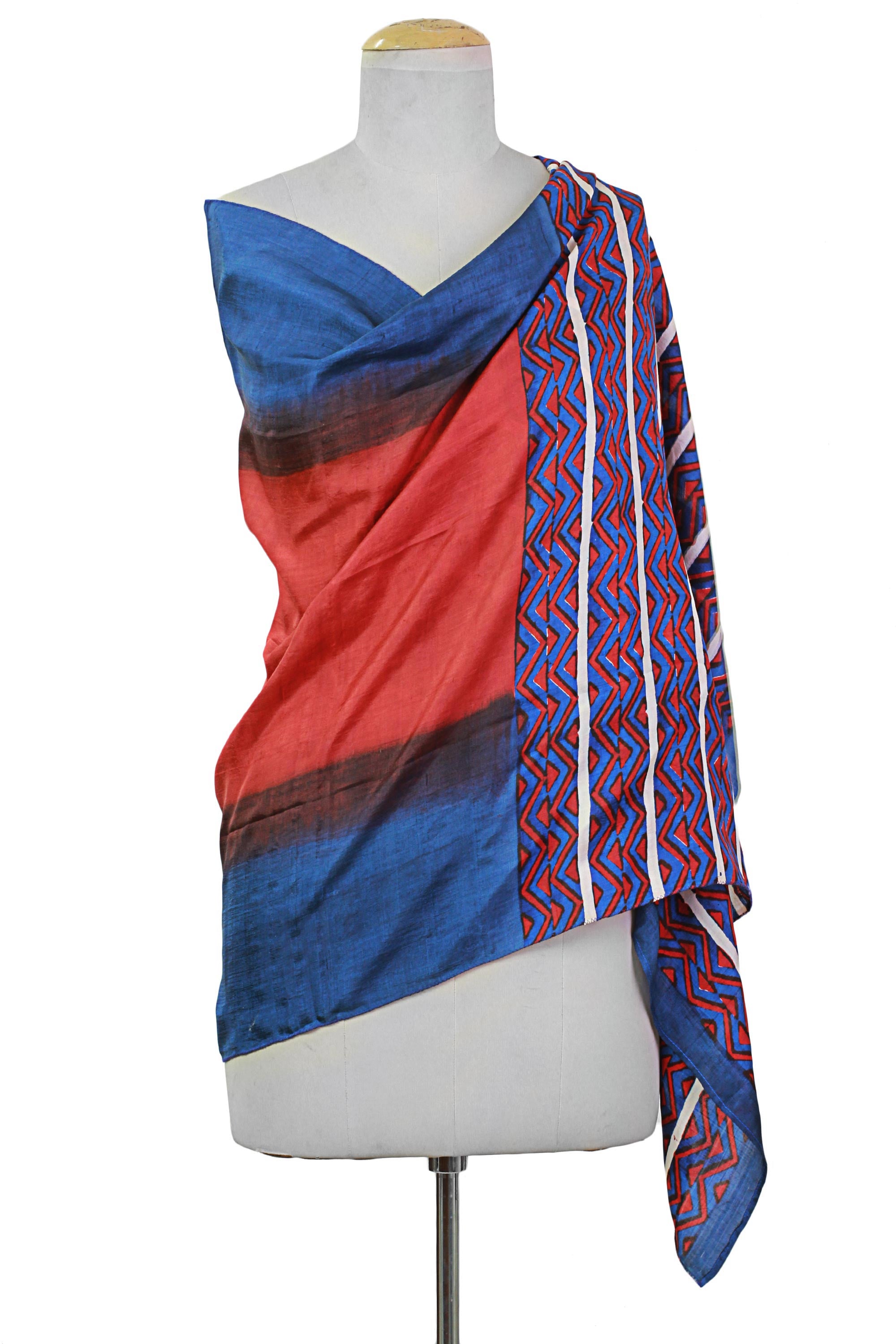 Premium Handwoven Cinnabar & Azure Silk Shawl – Geometric Design from India