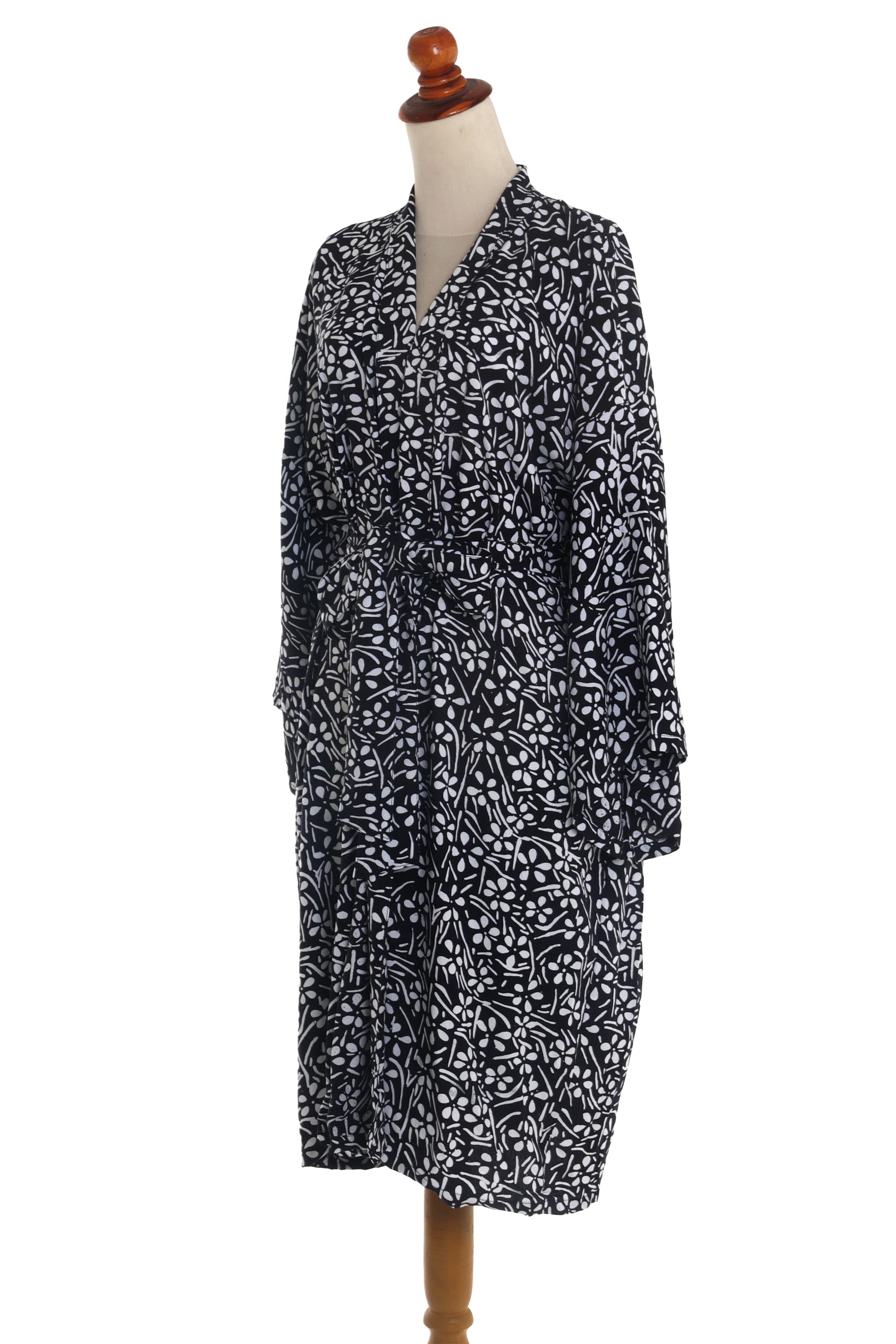 Premium Midnight Meadow Silk Robe - Black Rayon with White Floral Print