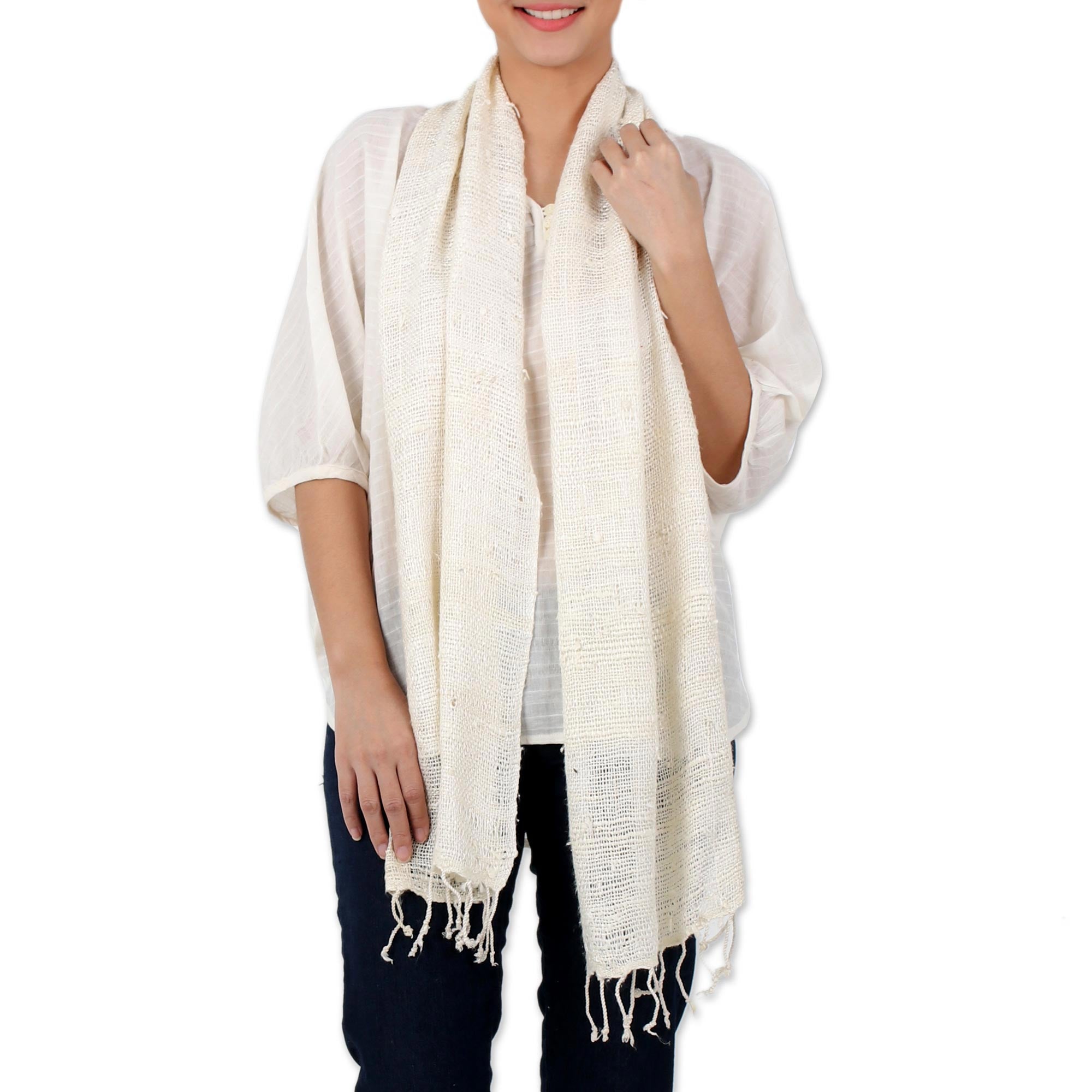 Premium Handwoven Ivory Silk Shawl with Fringes – Afternoon Breeze Collection