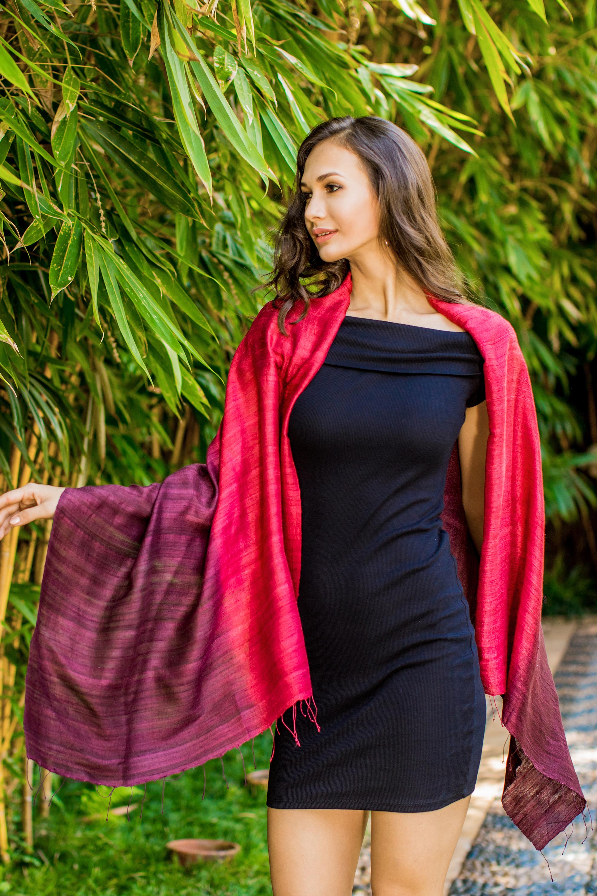 Premium Red Peony Artisan Silk Shawl with Fringe - Handcrafted in Thailand