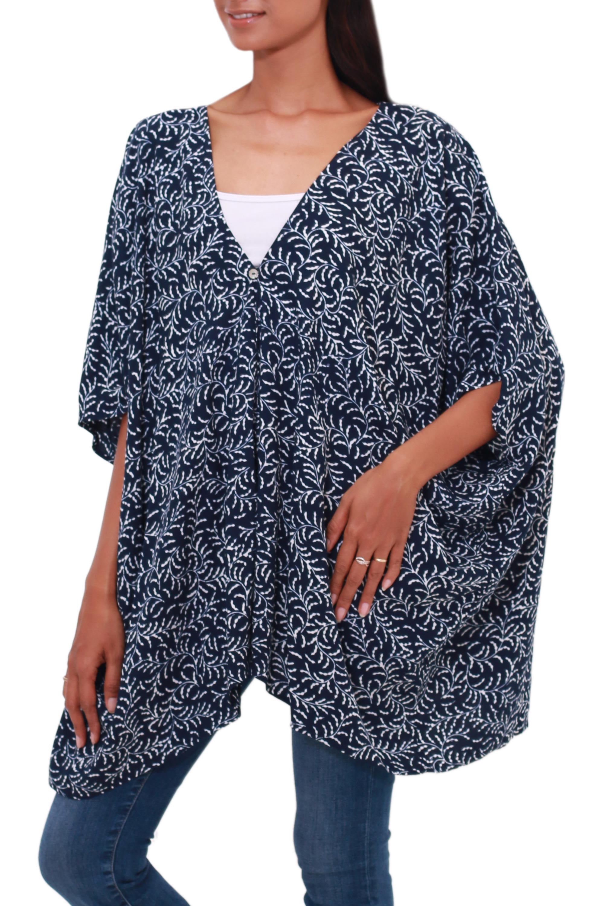 Premium Many Leaves Batik Rayon Kimono Jacket – Midnight & White, Handcrafted in Bali