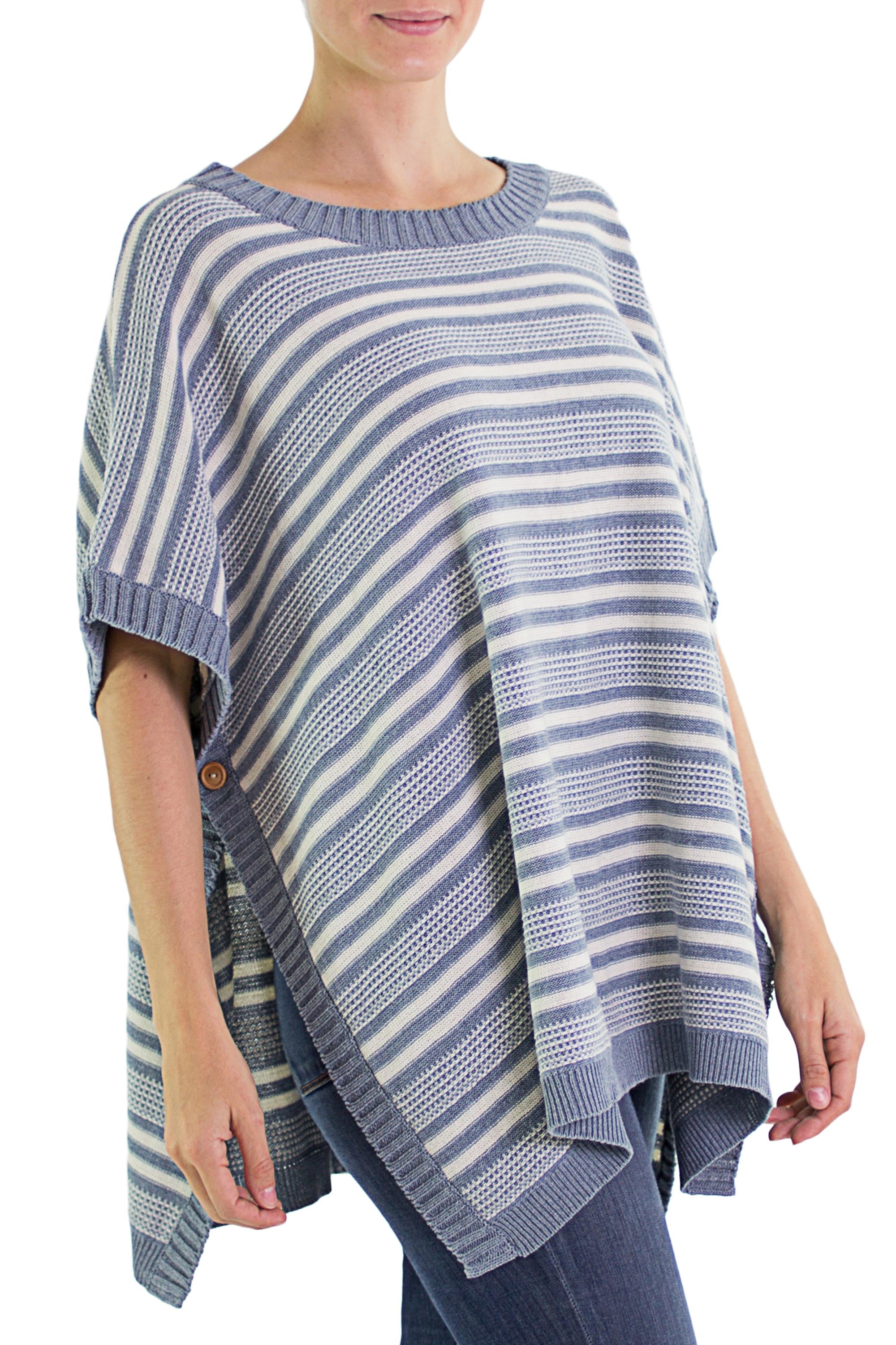 Premium Handwoven Cotton Poncho - Blue Stripes & Eco-Friendly Design