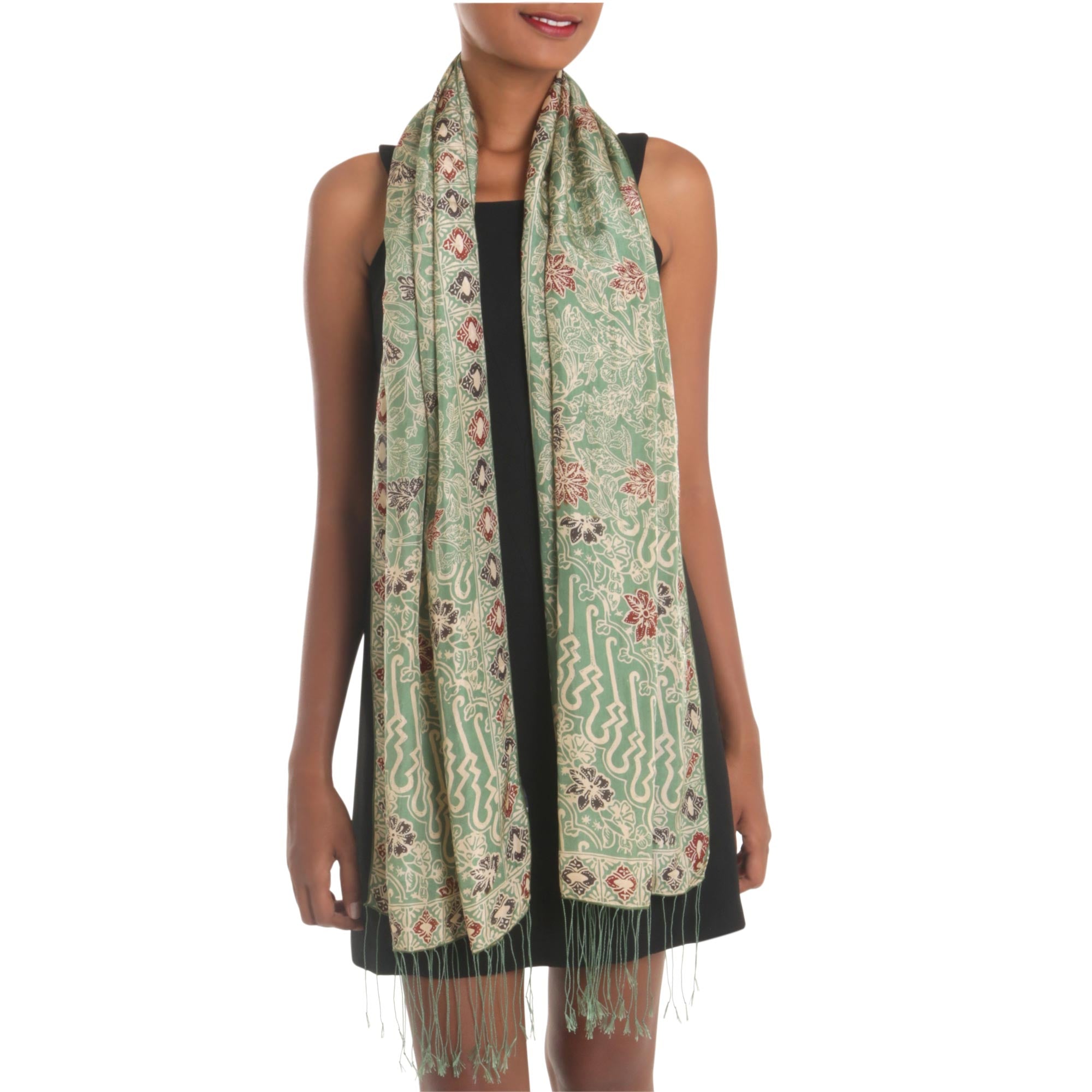 Premium Moss Green Batik Silk Shawl with Elegant Lily Motifs - Handcrafted in Bali
