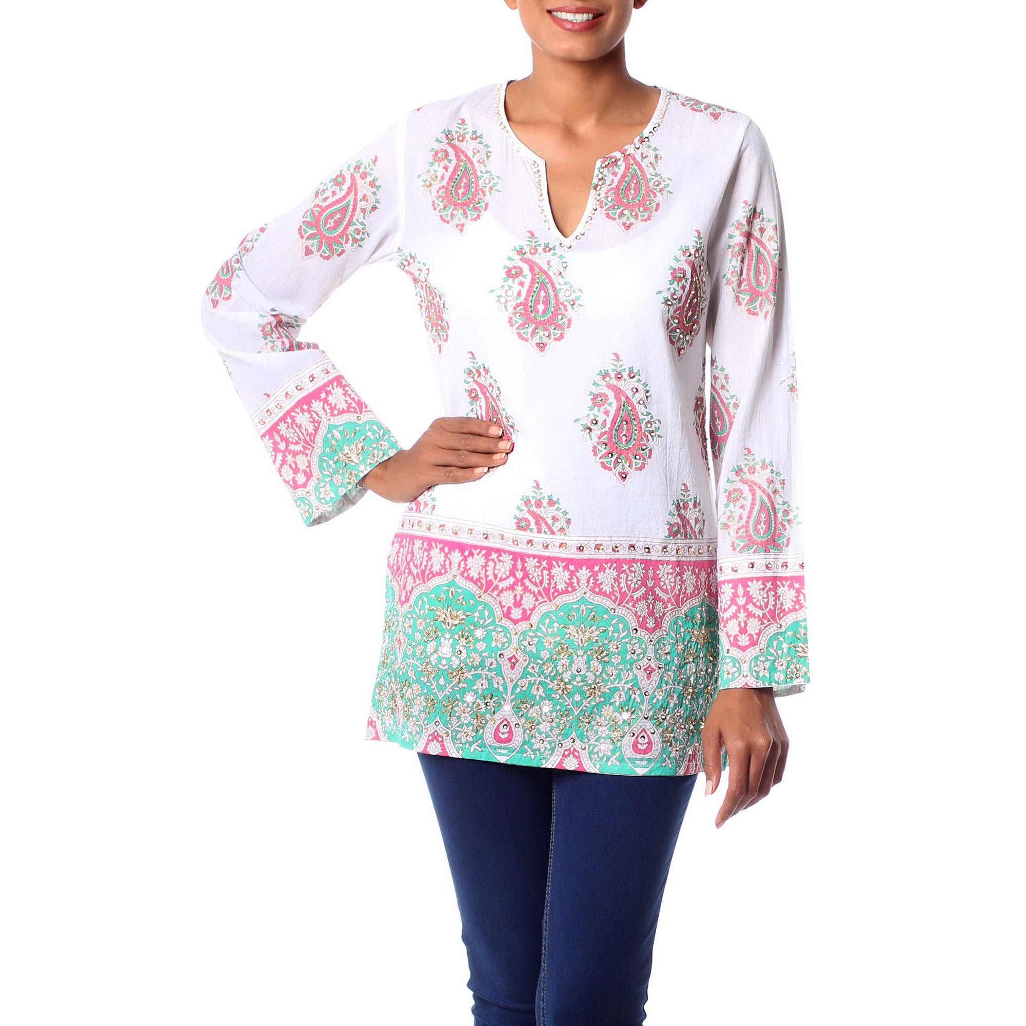 Premium Handcrafted Jaipur Cotton Tunic with Beaded Elegance