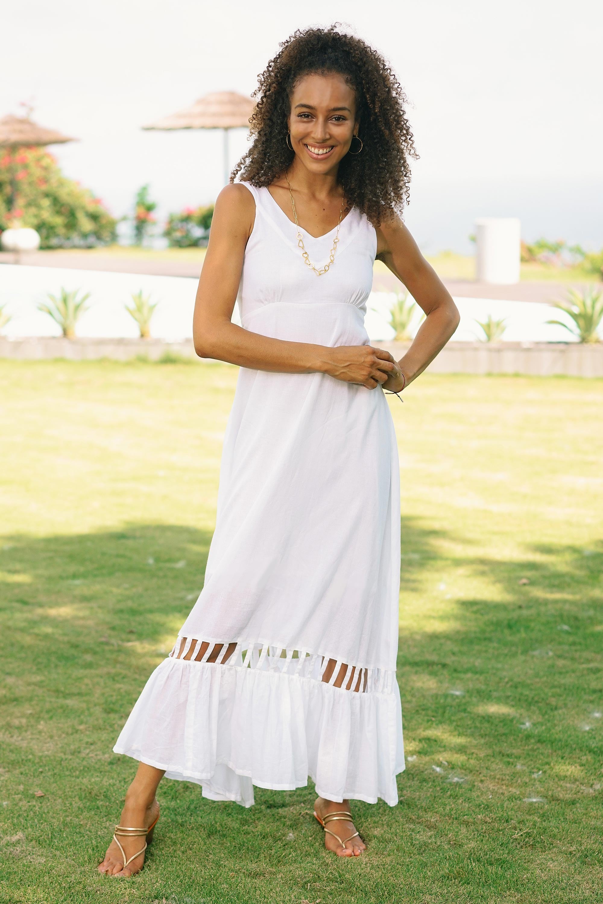 Premium Handcrafted White Cotton Sundress - Soiree in White