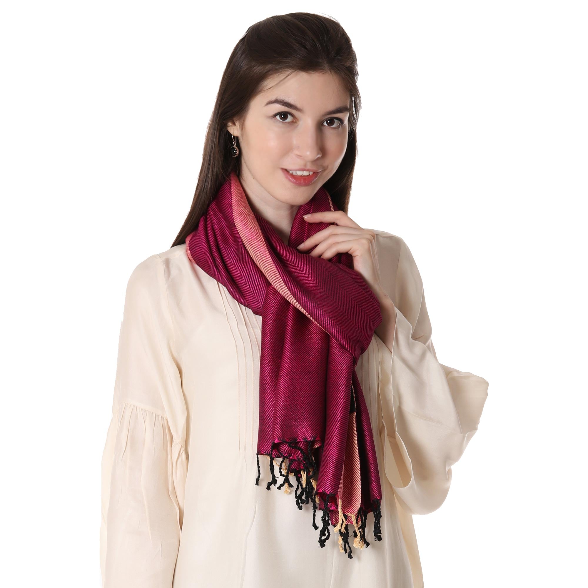 Premium Fuchsia & Parchment Silk Shawl – Handwoven Luxury from India