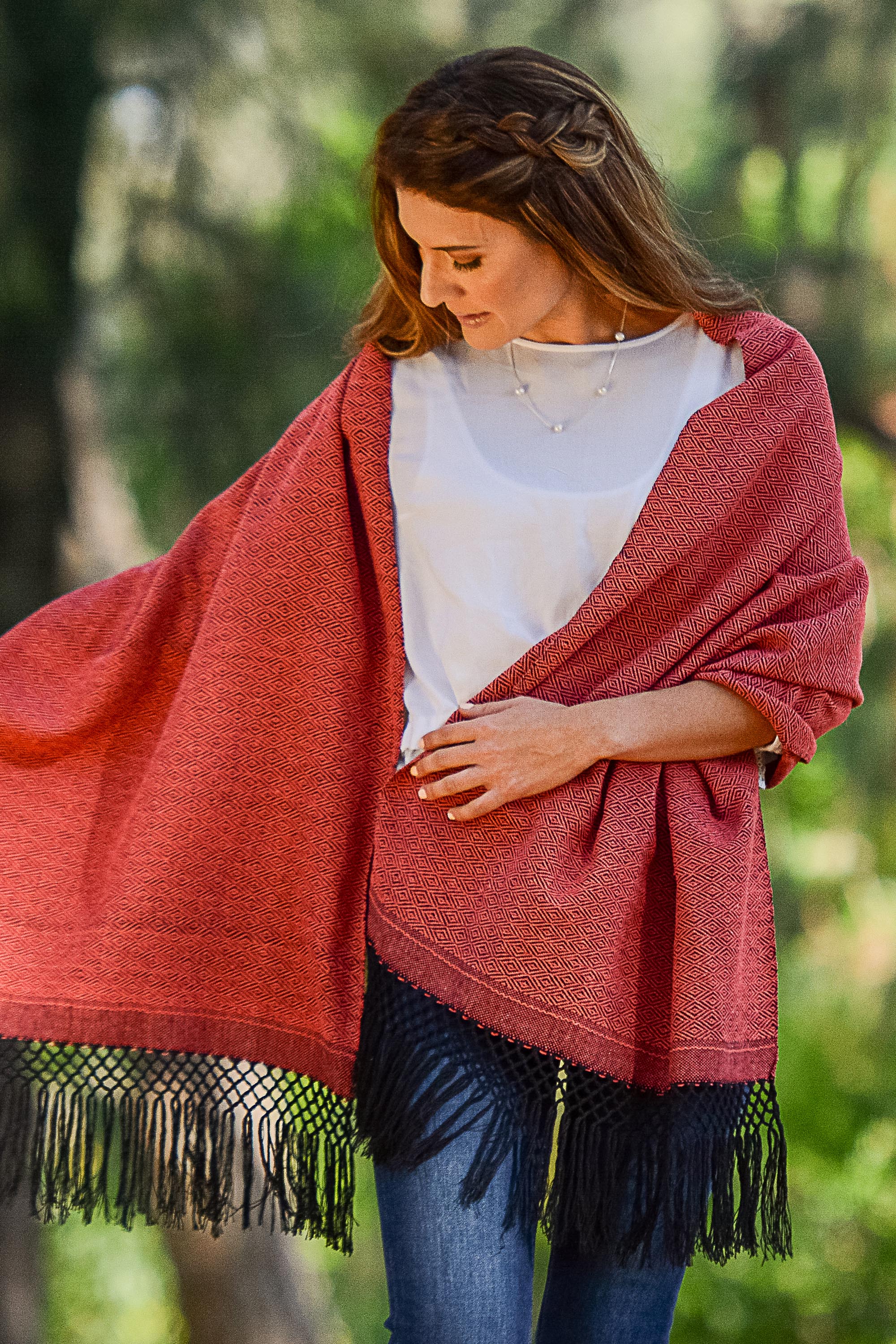 Premium Handwoven Red & Black Diamond Striped Cotton Rebozo