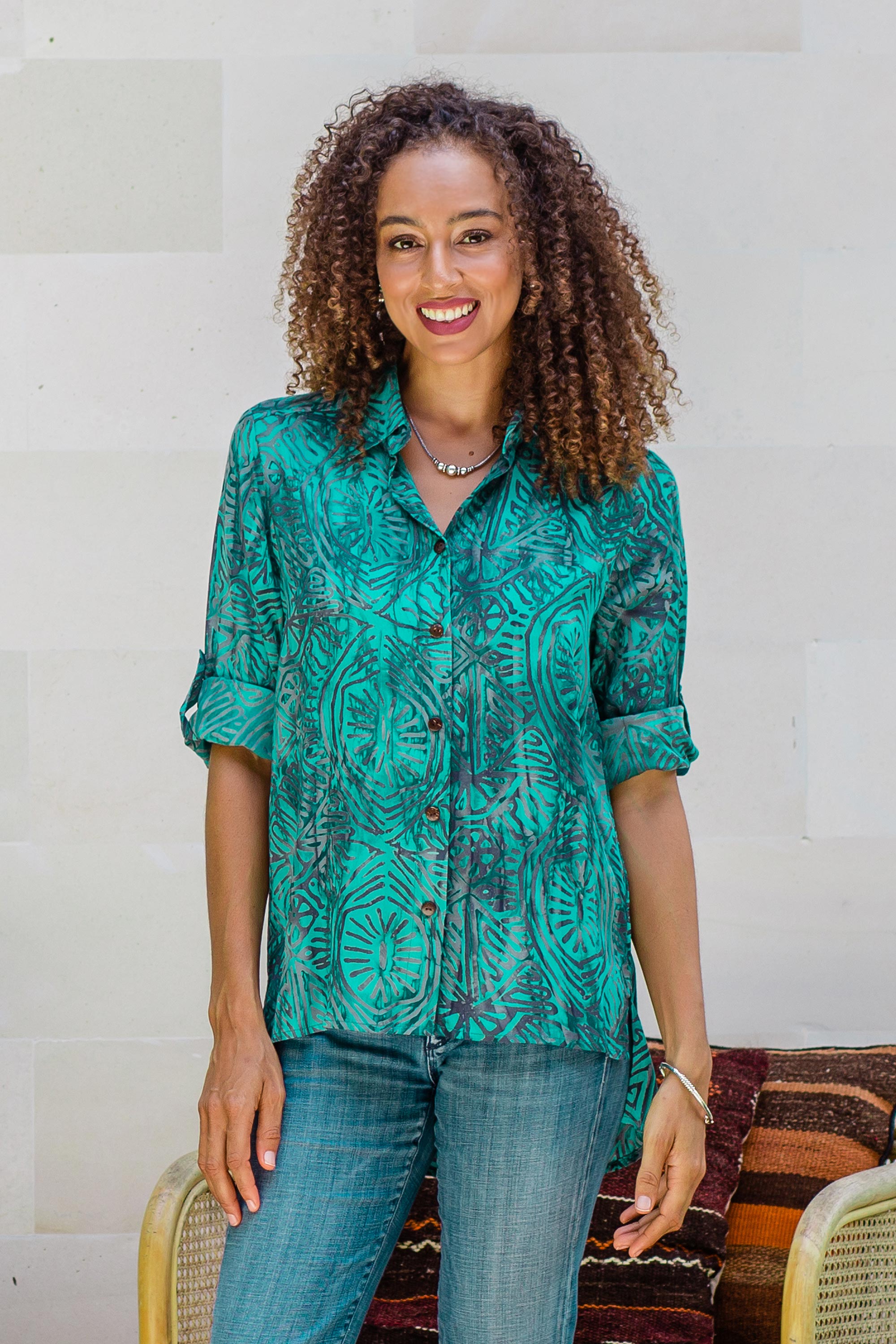 Premium Handcrafted Green-Blue Batik Rayon Blouse - Eco-Friendly Elegance