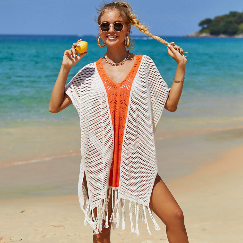 Premium Bicolor Striped Thigh-Slit Sheer Crochet Beach Cover-Up