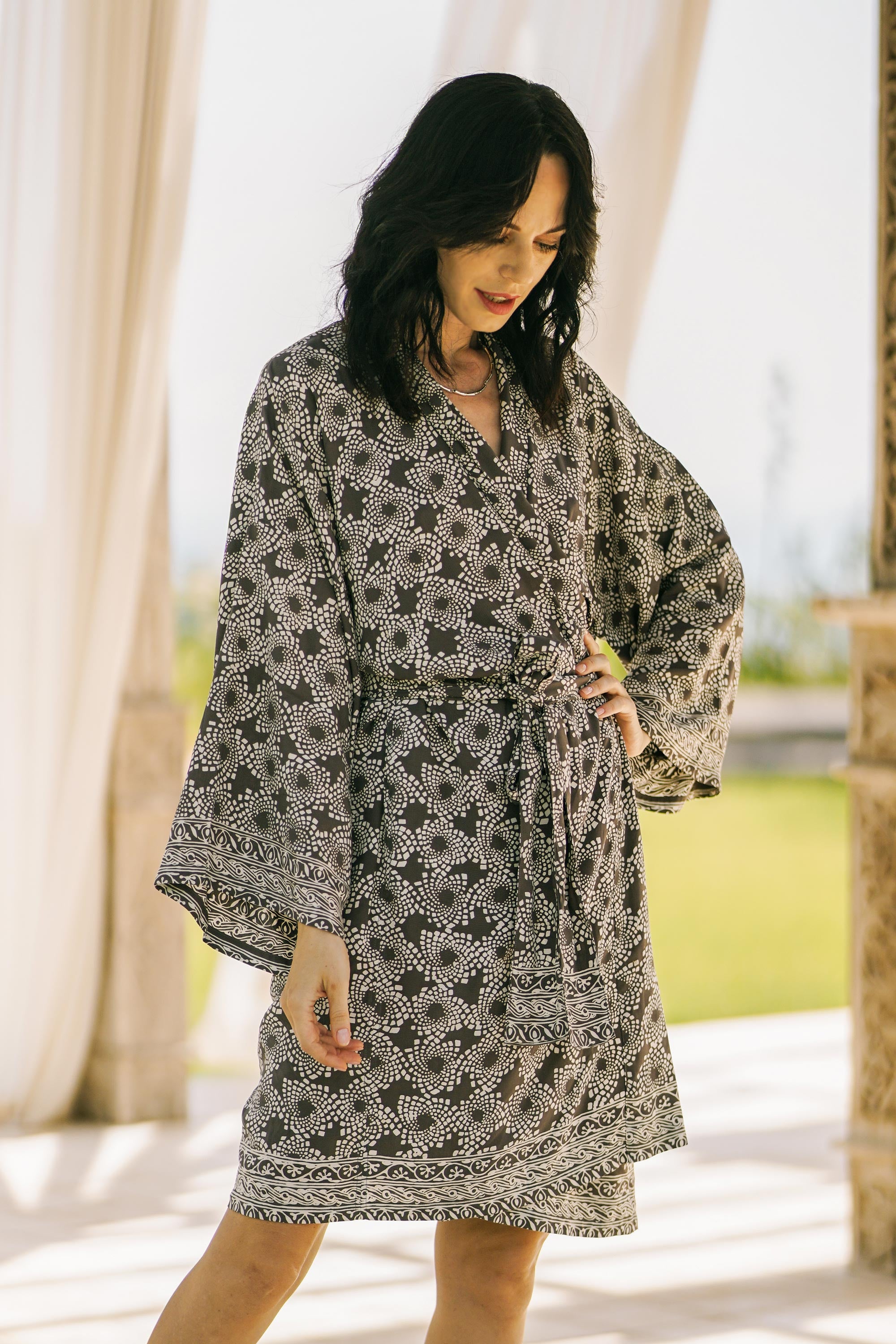 Premium Pewter Grey Batik Rayon Short Robe - Handcrafted Luxury