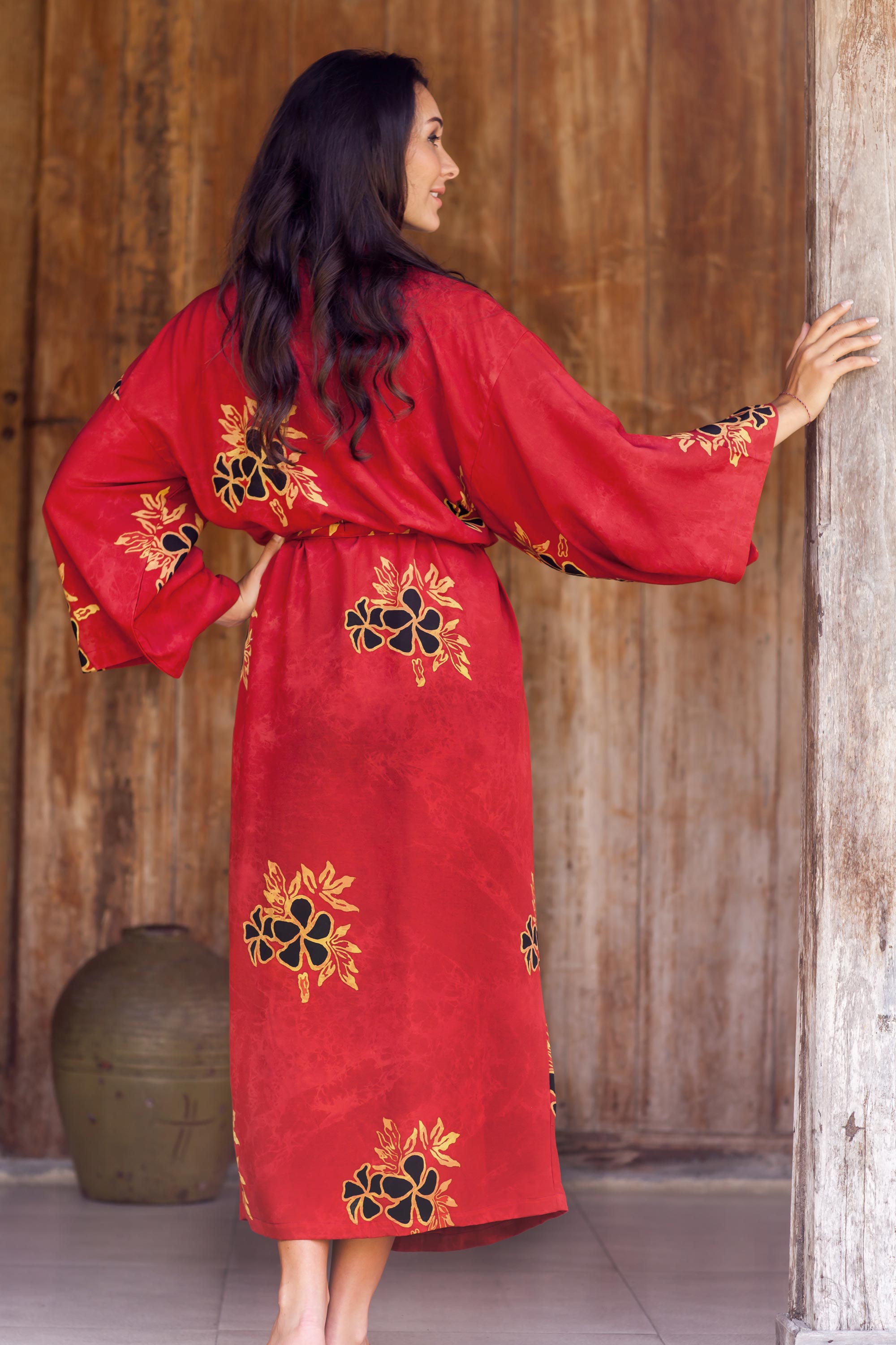 Premium Handcrafted Hibiscus Batik Robe - Indonesian Artistry