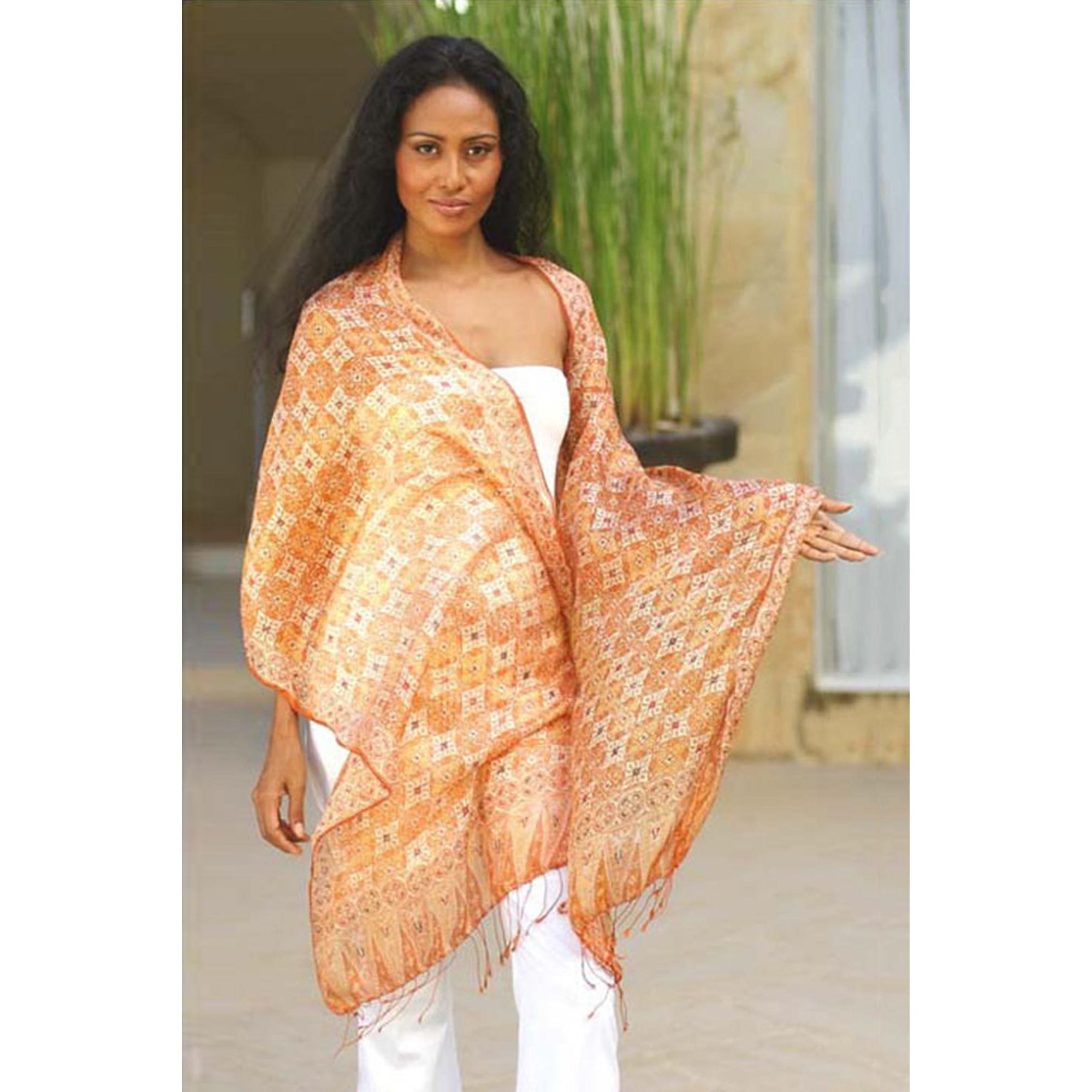 Premium Orange Jasmine Silk Shawl - Handcrafted Elegance