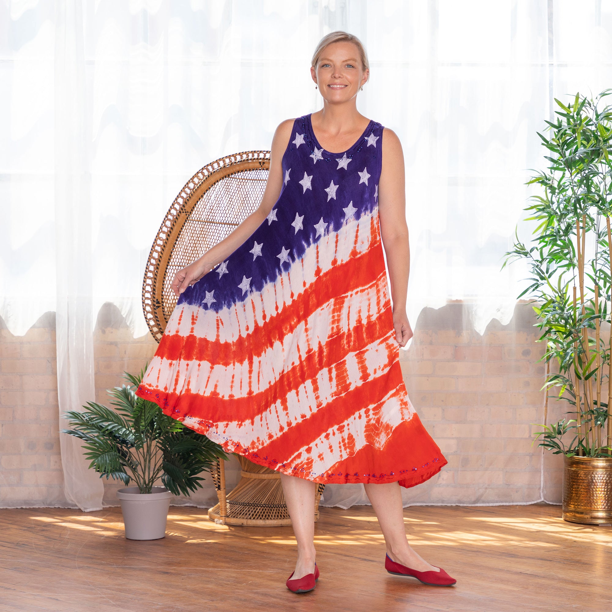 Premium Diagonal Stars & Stripes Sleeveless Maxi Dress