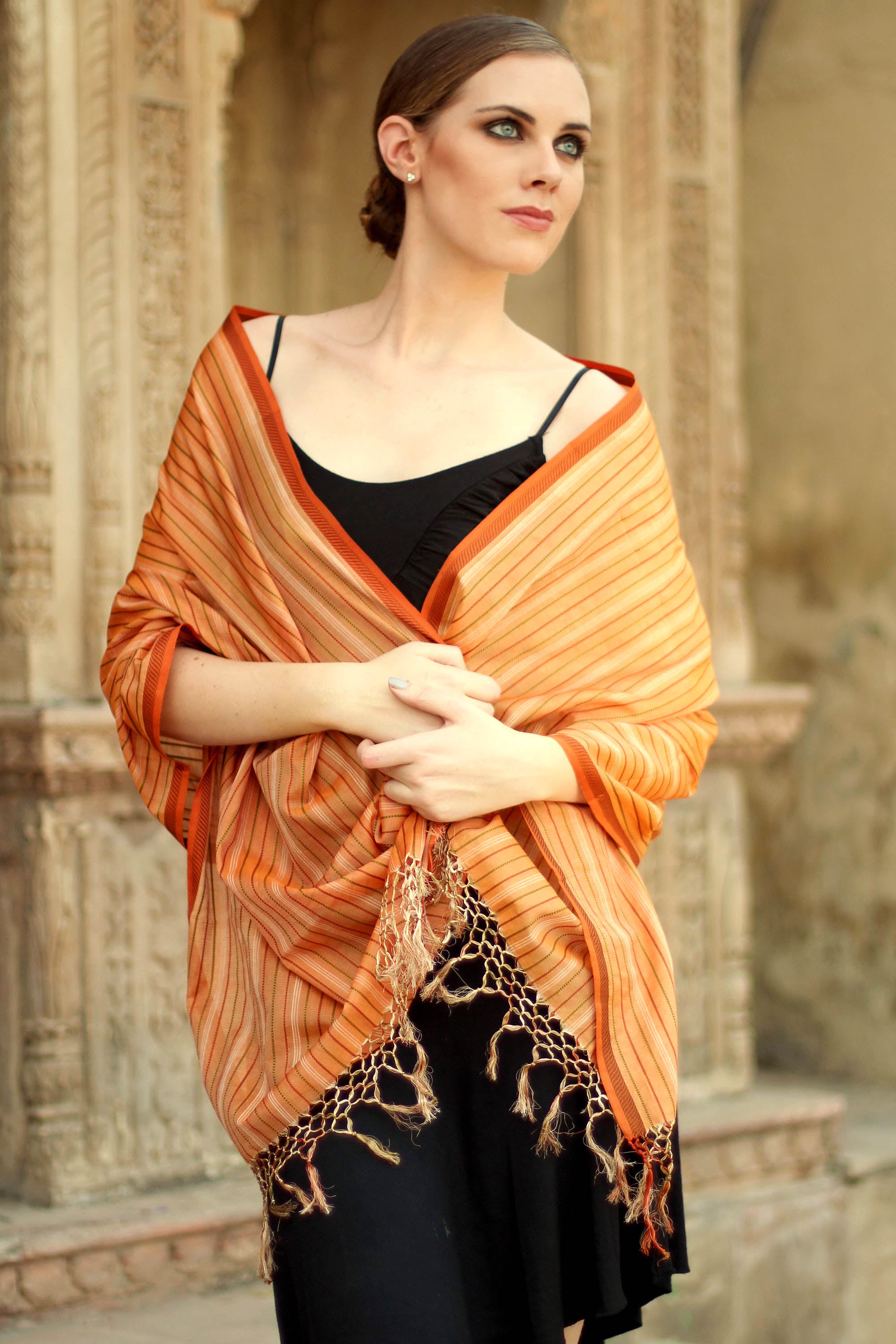 Premium India Sunset Silk & Cotton Shawl - Handwoven Elegance