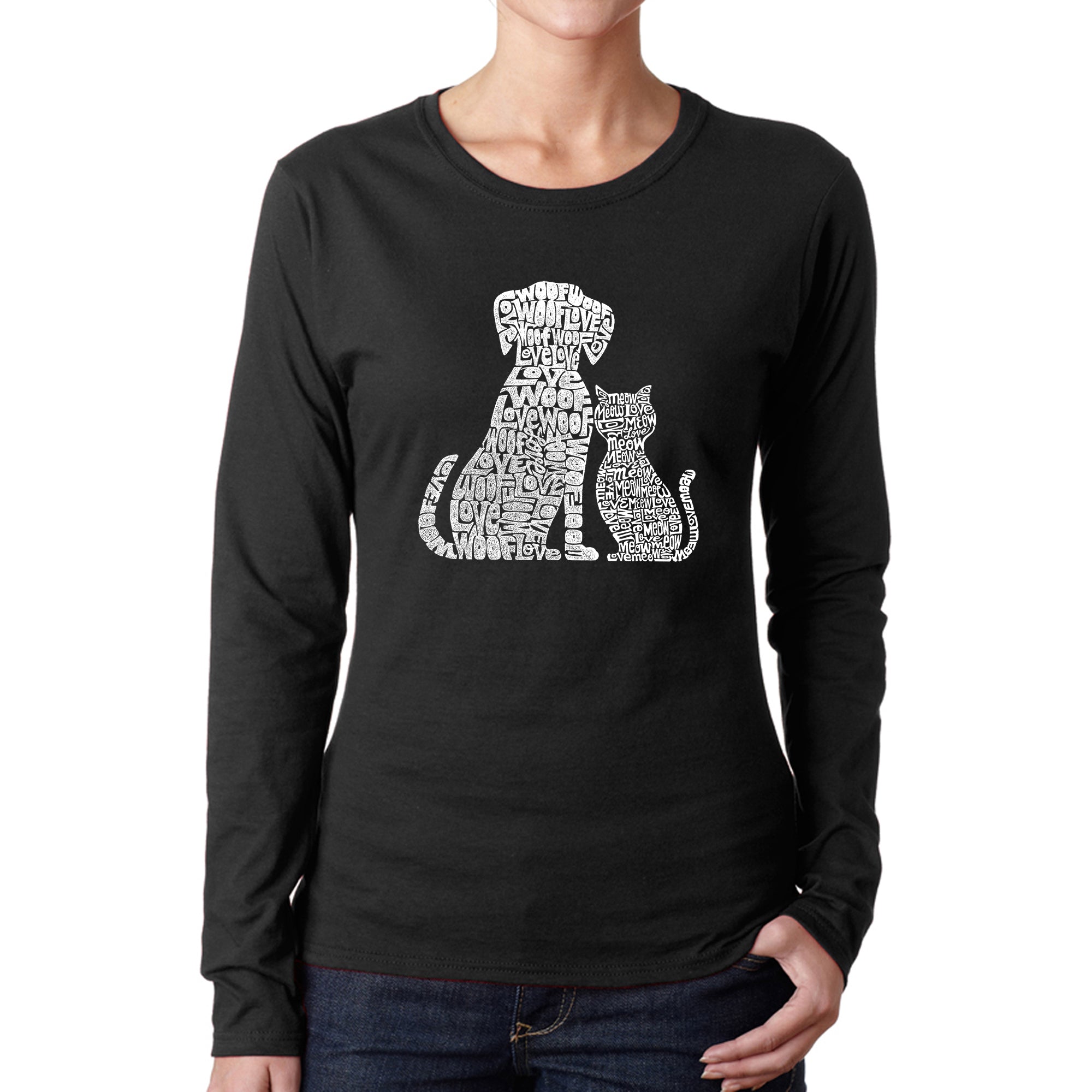 Premium Women's Dog & Cat Word Art Long Sleeve T-Shirt - Unique Pet Lover Design