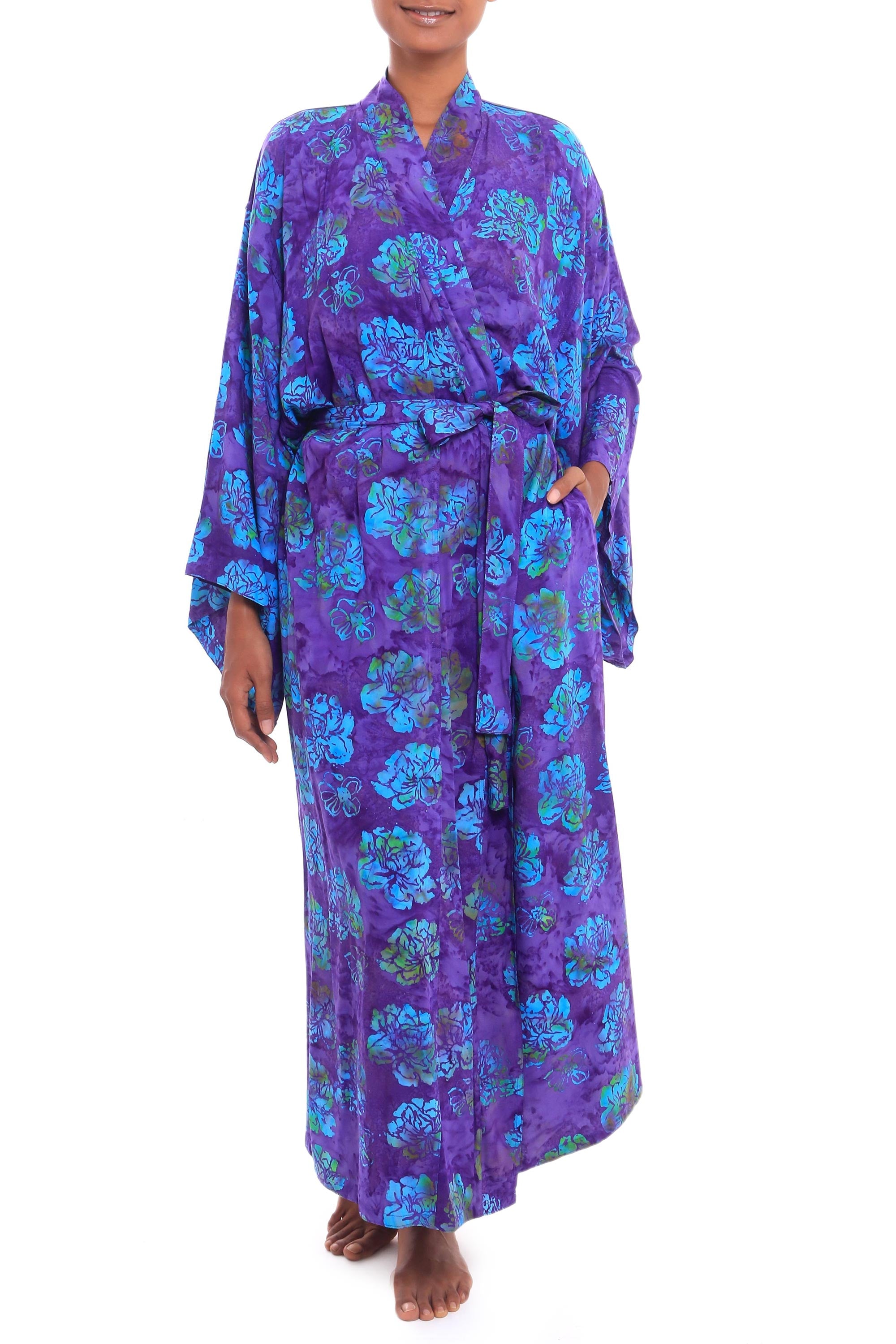 Premium Violet Batik Rayon Robe - Handcrafted Luxury with Matching Belt