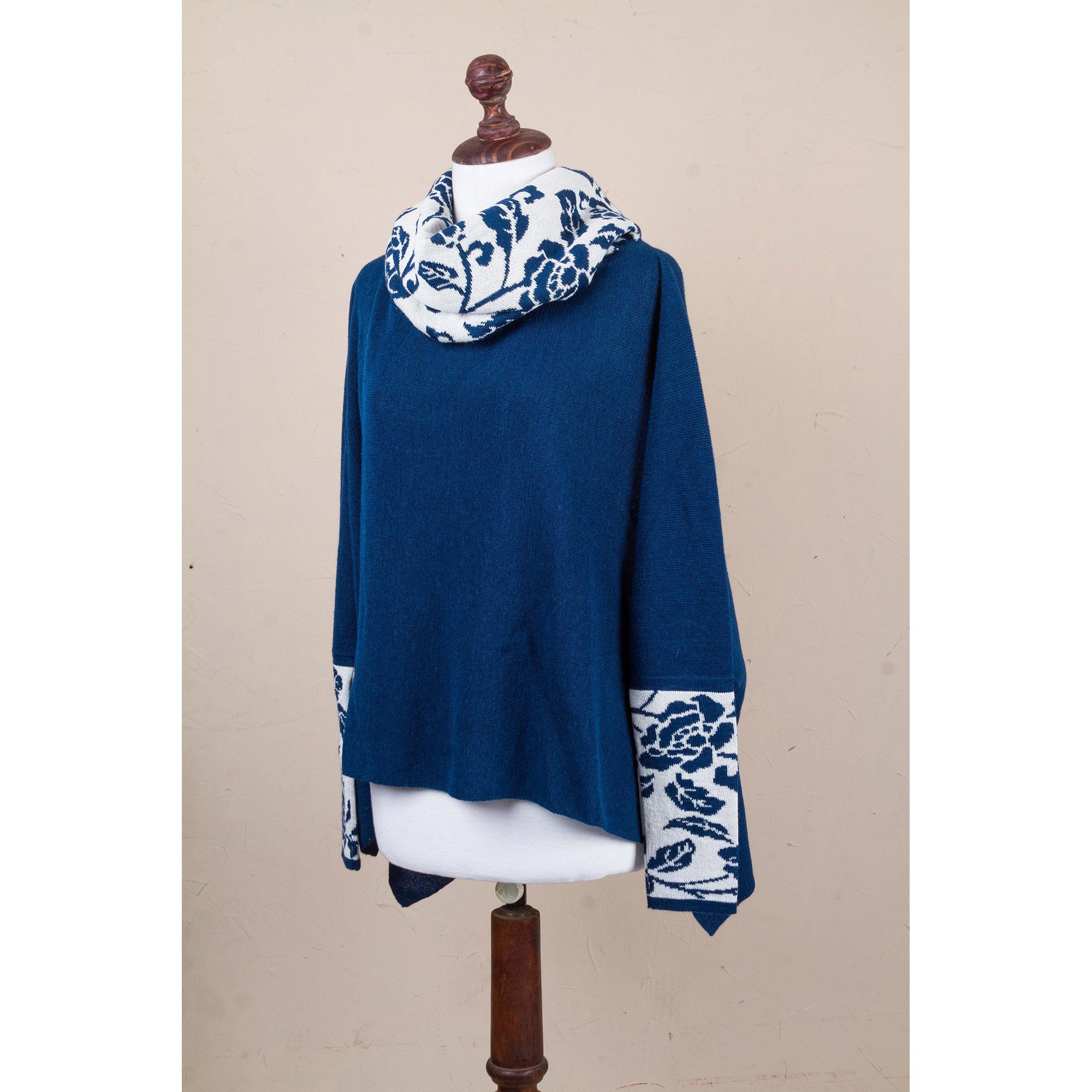 Premium Blue Roses Alpaca Poncho with Sleeves