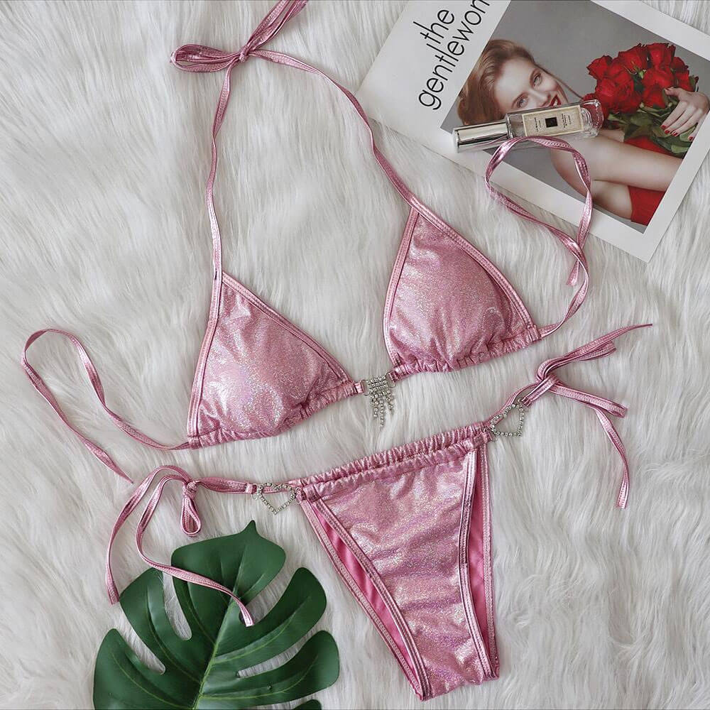 Premium Shimmery Crystal Trim Slide Triangle Bikini Set