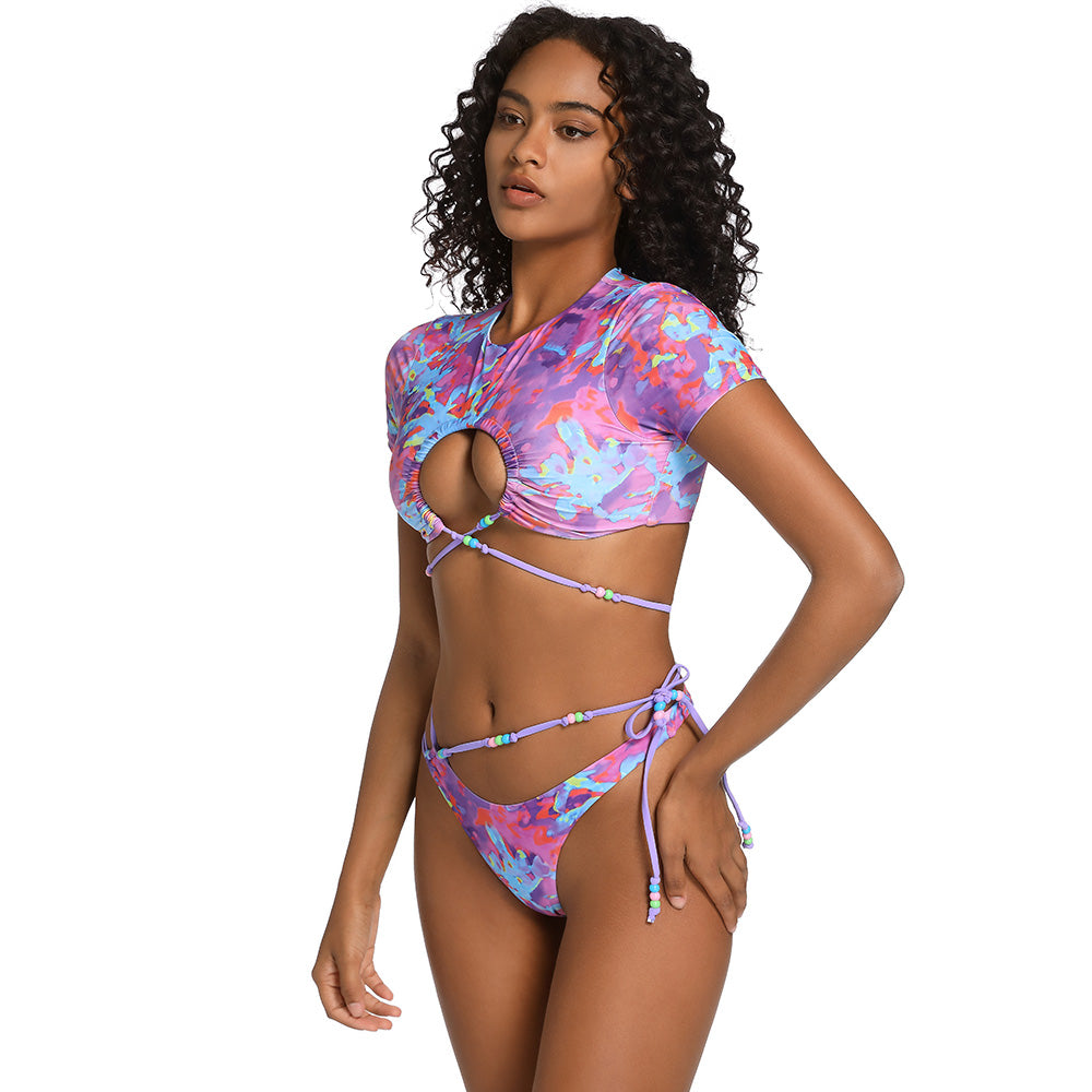 Premium Tie Dye Wrap Crop Bikini Set - High Cut Thong & Cutout Design