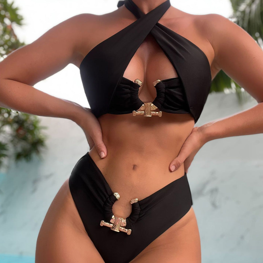 Premium High-Waist Cutout Ring Wrap Brazilian Bikini Set