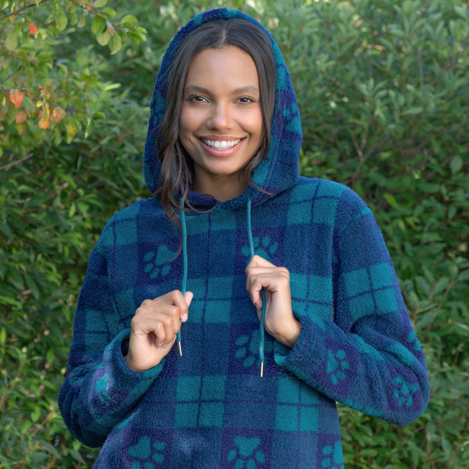 Premium Sherpa Fleece Hoodie with Plaid Paws Design