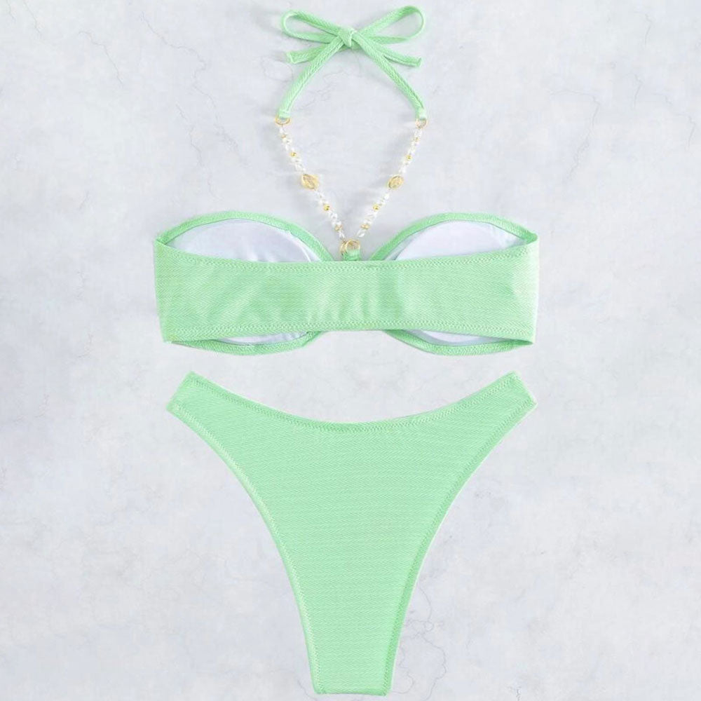 Premium Leaf-Patterned Halter Bikini Set with Beaded Detailing