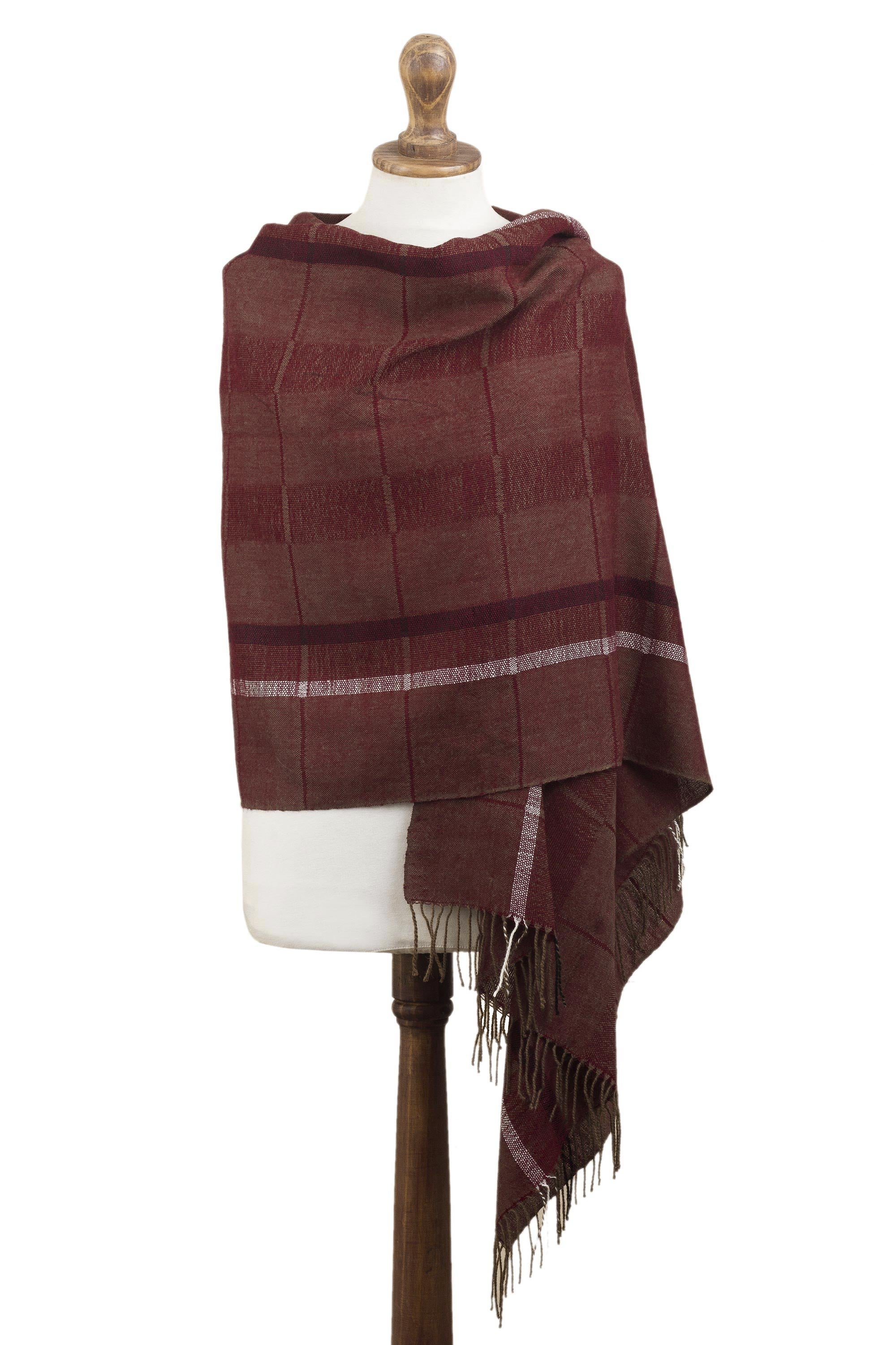 Premium Burgundy & Brown Baby Alpaca Shawl - Handwoven Luxury