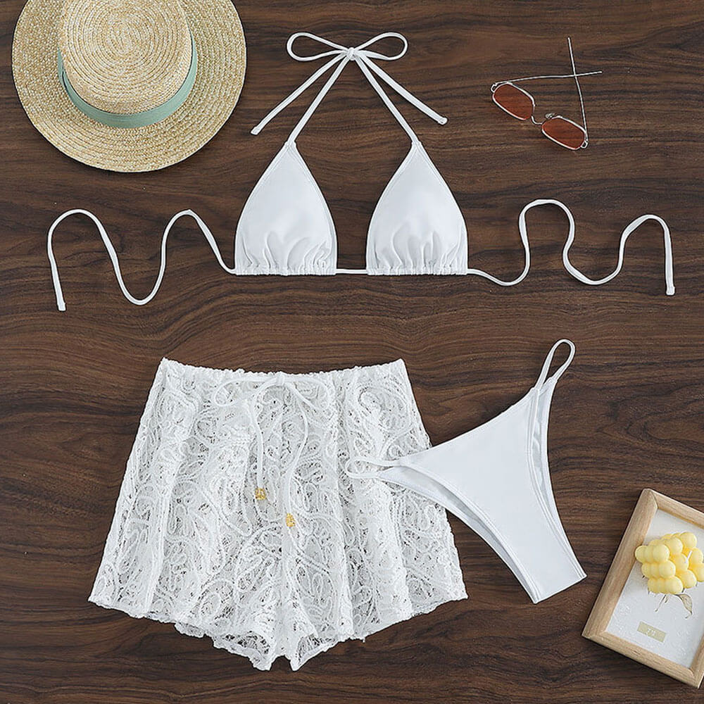 Premium Crochet Brazilian Bikini Set with High-Waisted Cover-Up Shorts