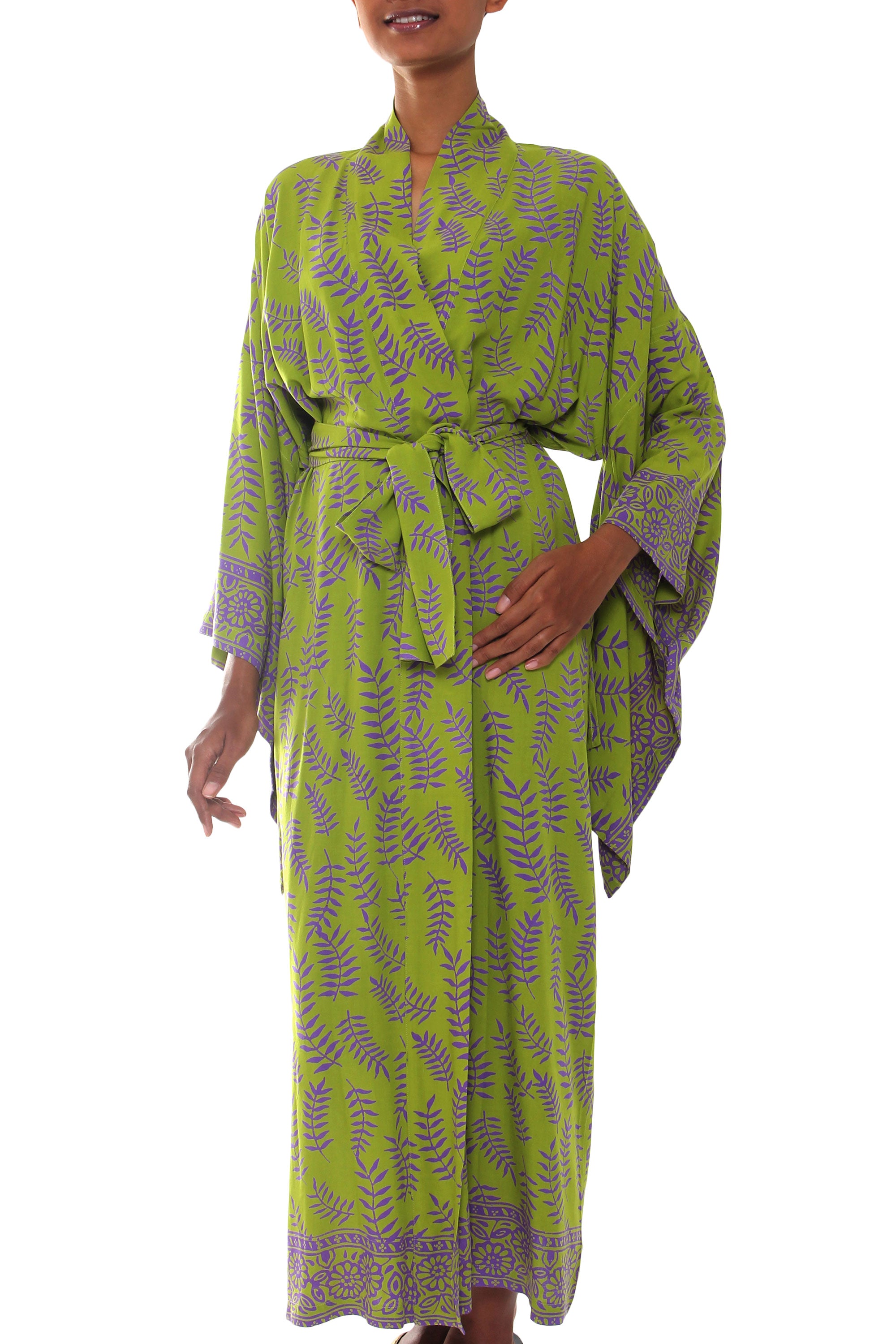 Premium Tropical Fern Forest Kimono Robe - Bali-Inspired Green & Purple Design