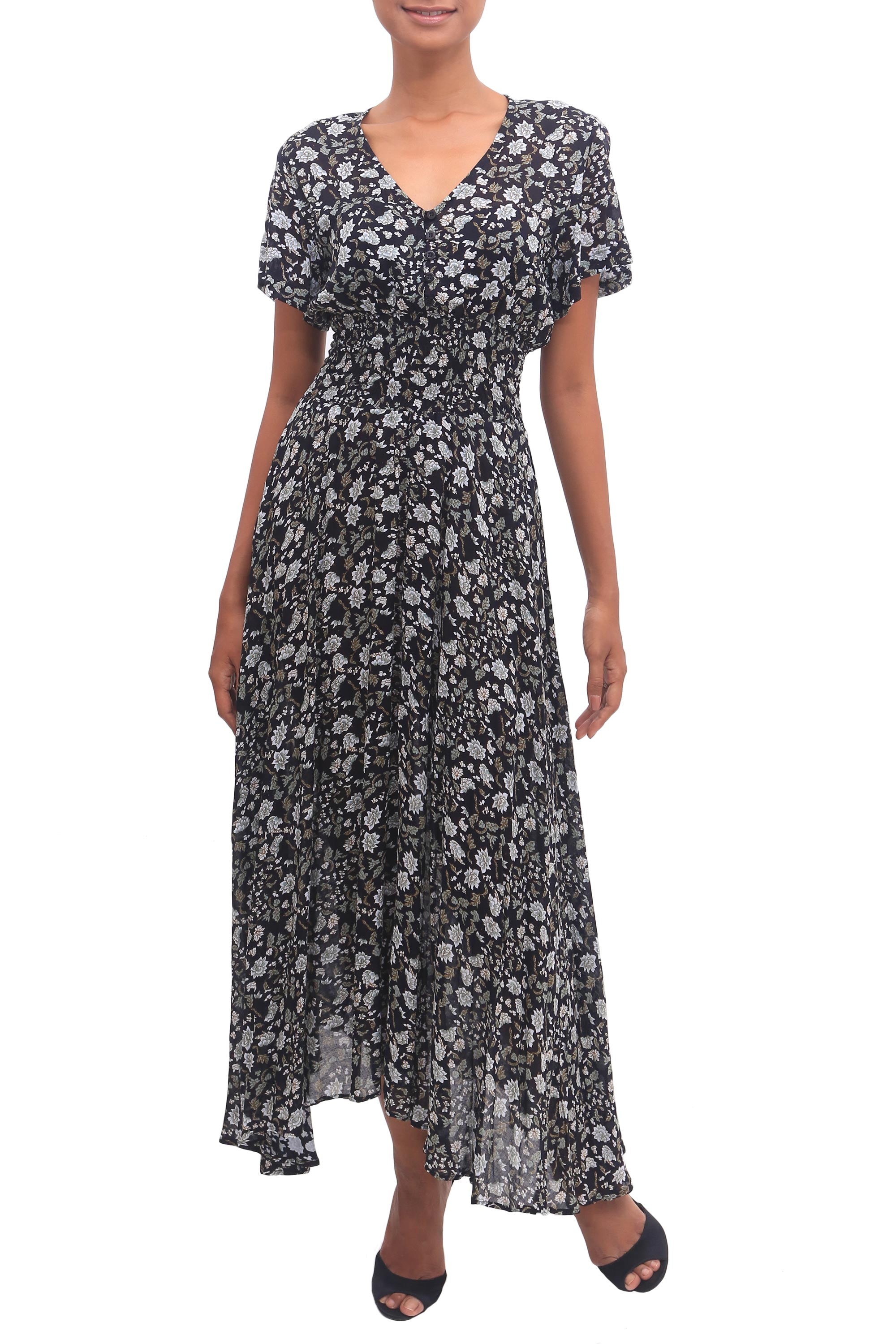 Premium Bali Garden Rayon Dress - White & Olive Floral on Black