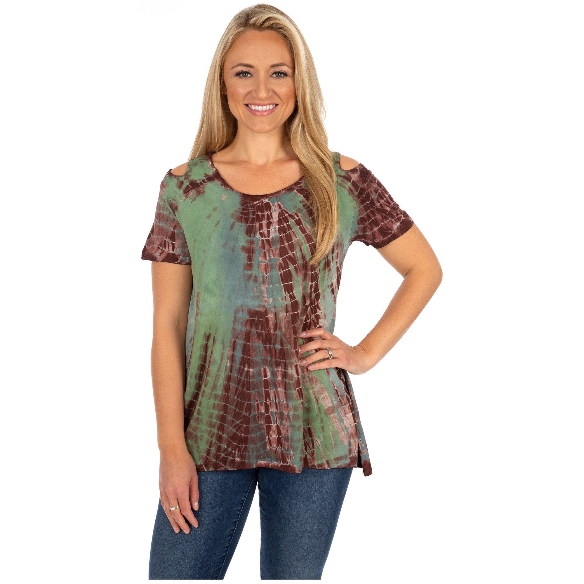 Premium Tie-Dye Cold Shoulder Top - Sand & Stone