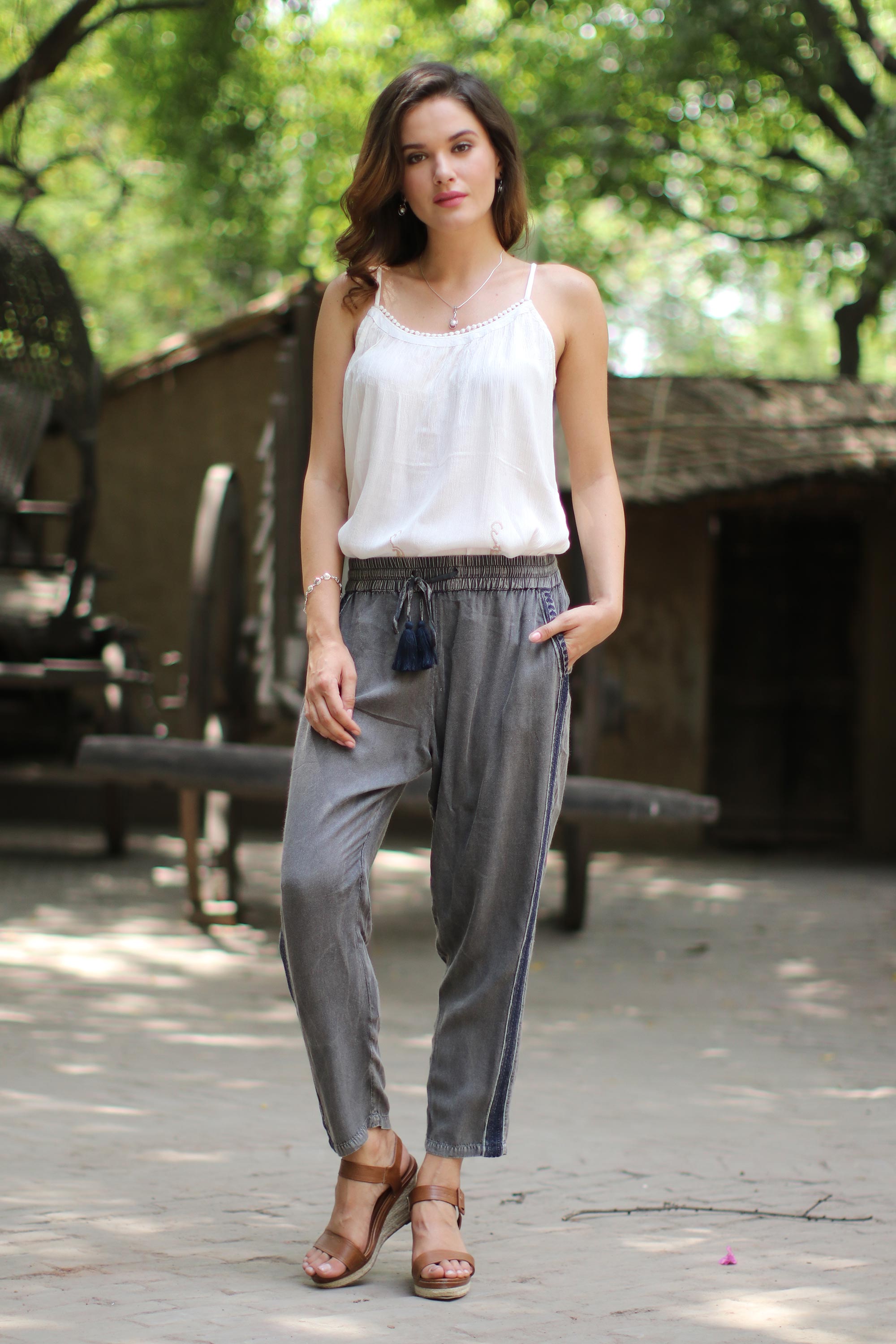 Premium Navy Striped Viscose Pants – Sophisticated Dusty Grey Elegance