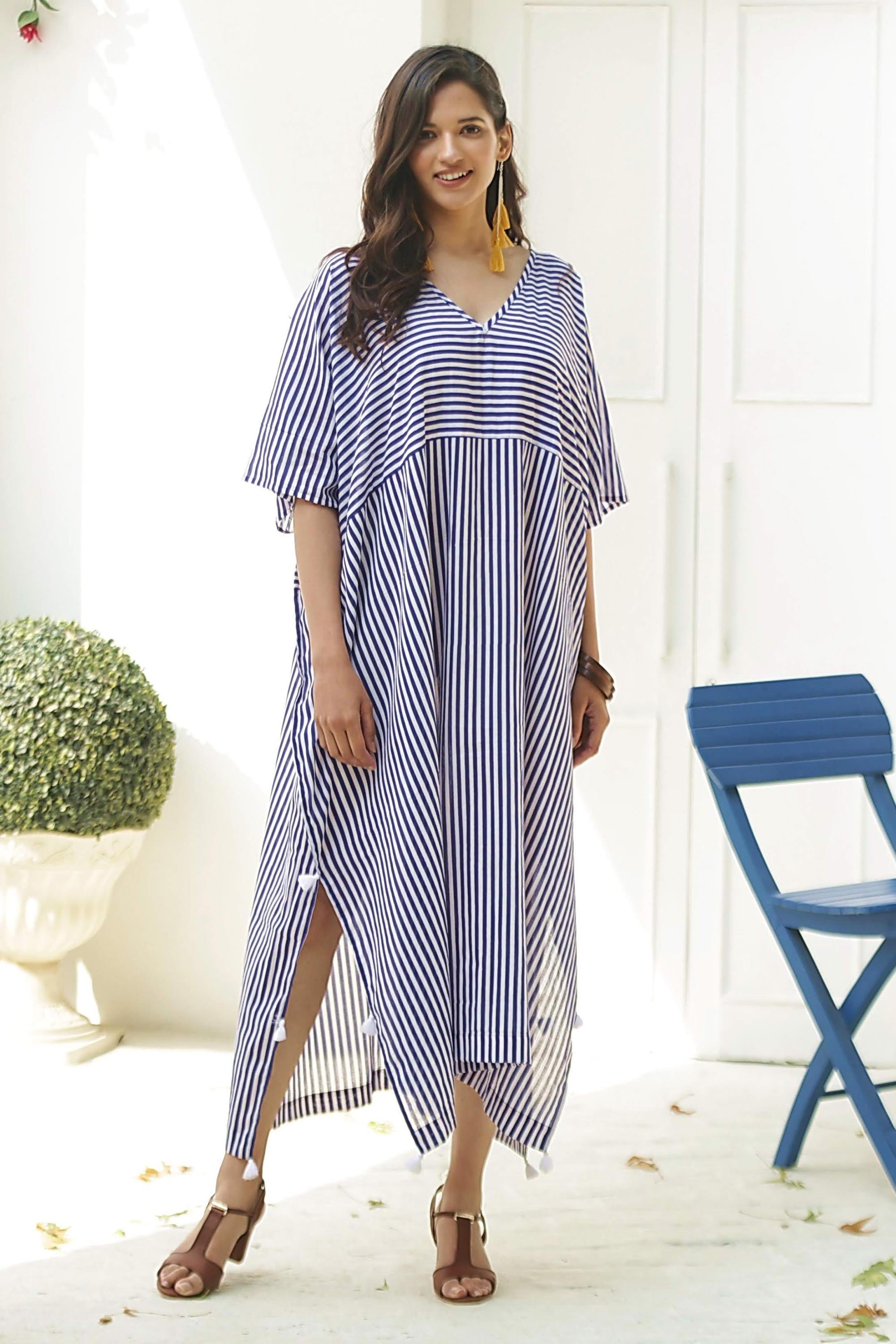 Premium Navy & White Striped Cotton Caftan Dress – Ultimate Comfort & Style