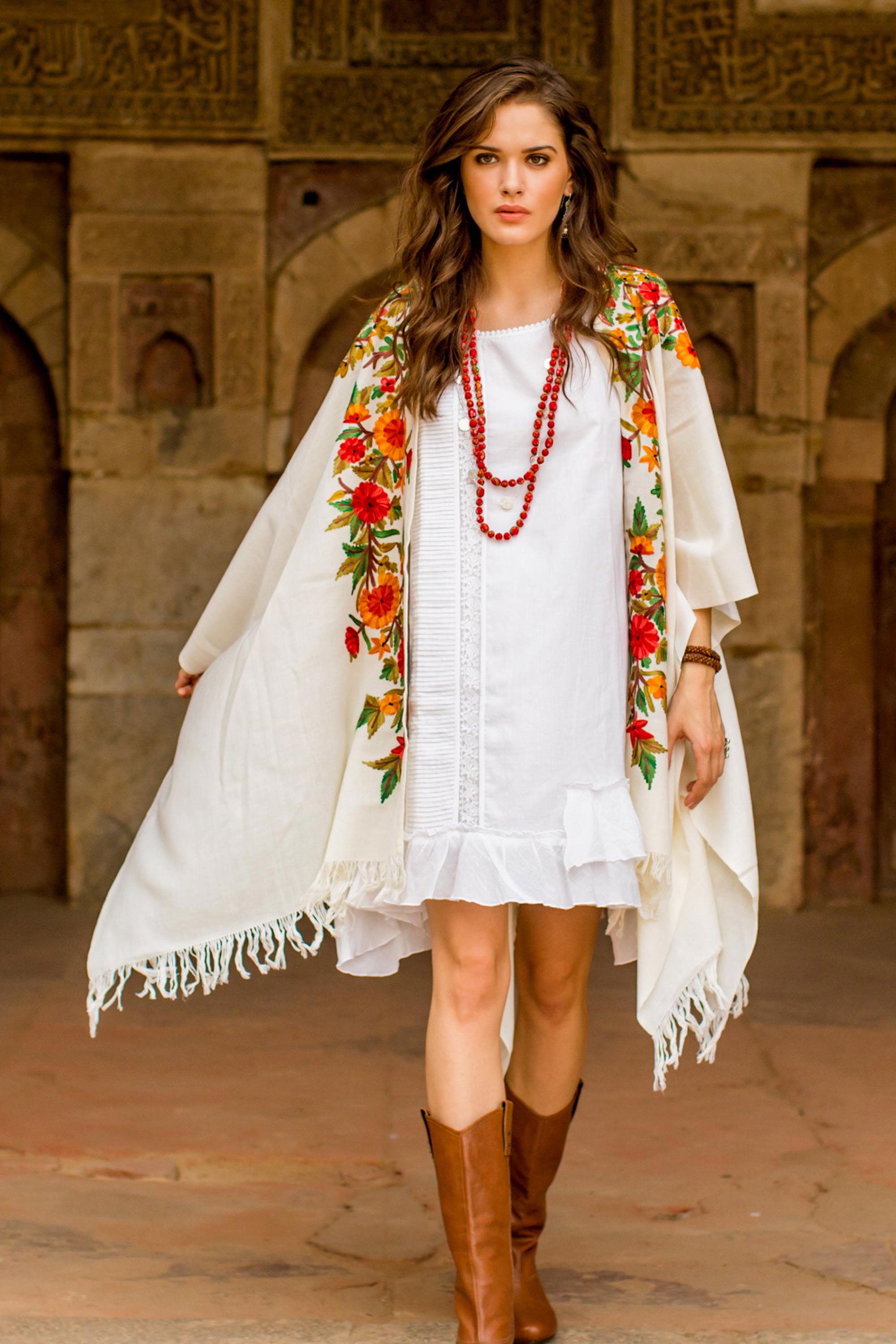 Premium White Wool Cape with Exquisite Chain Stitch Floral Embroidery