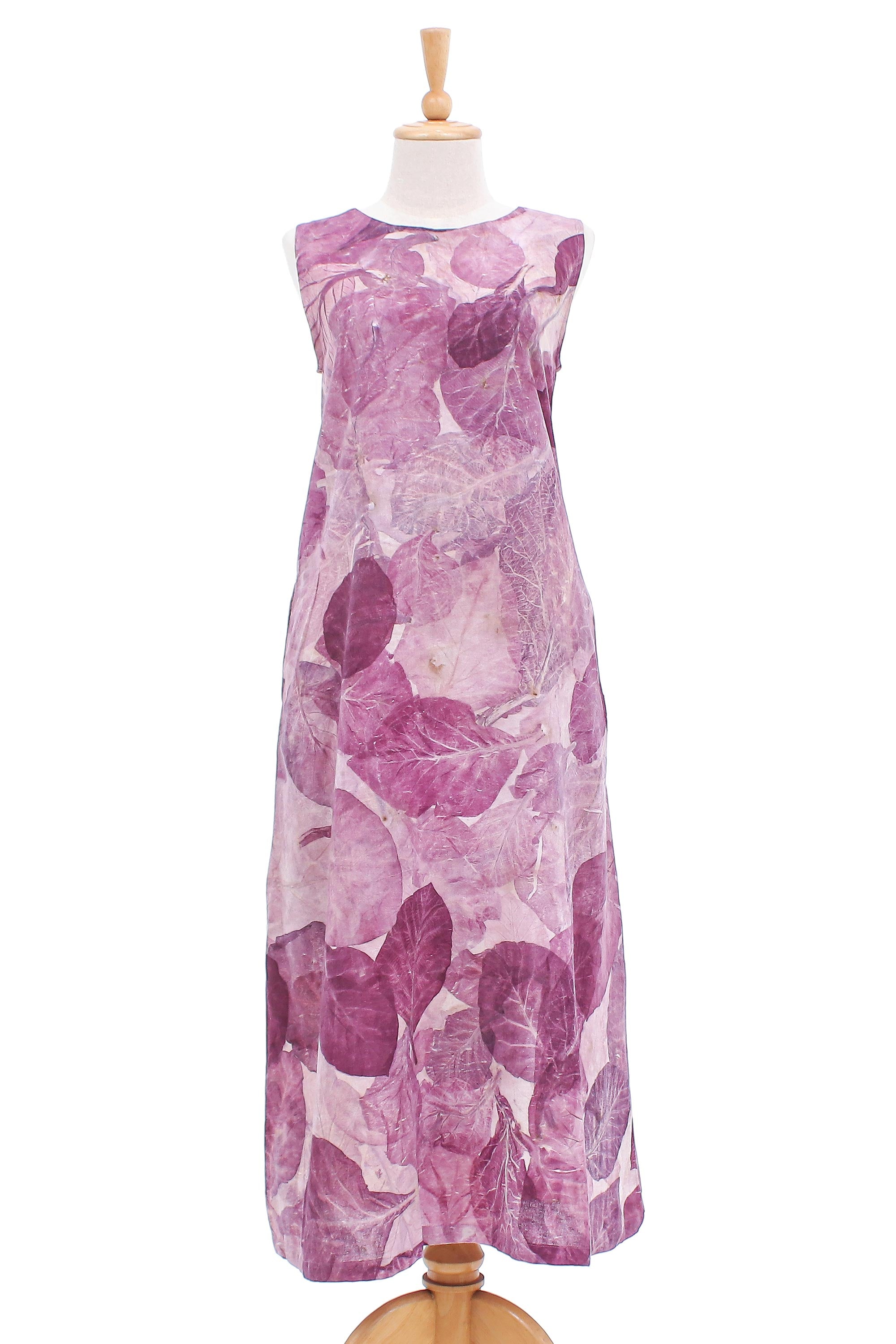 Premium Eco-Printed Cotton Maxi Dress - Purple Teak Thai Ouke Design