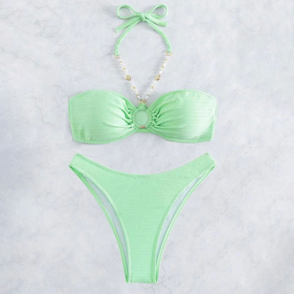 Premium Leaf-Patterned Halter Bikini Set with Beaded Detailing