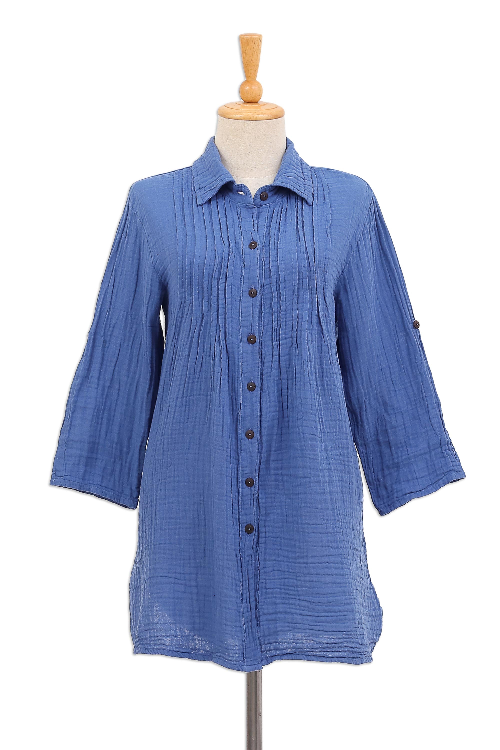 Premium Periwinkle Pintucks Blue Cotton Gauze Shirt – Handcrafted in Thailand