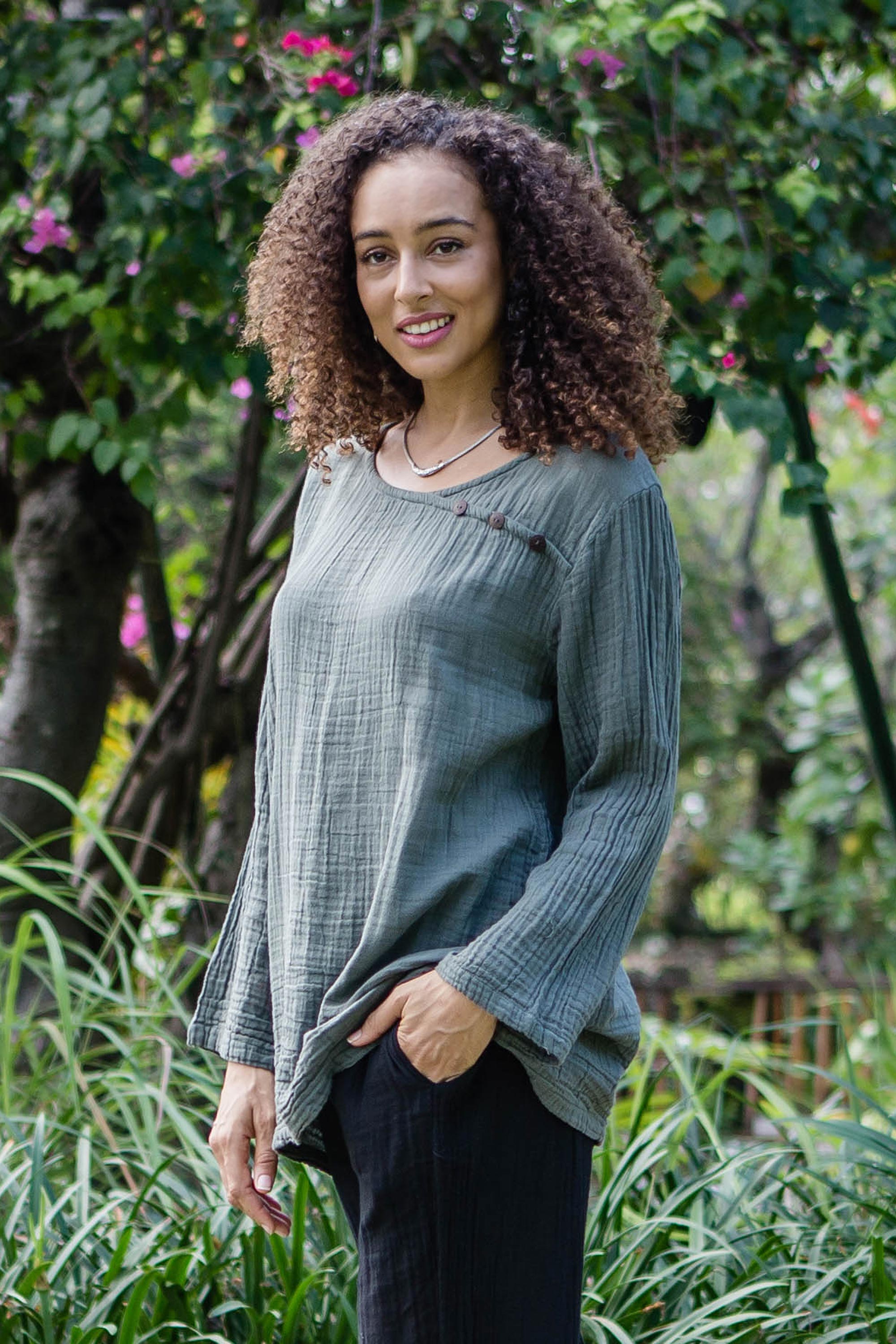 Ultimate Sage Grey Cotton Double Gauze Blouse – Modern Elegance