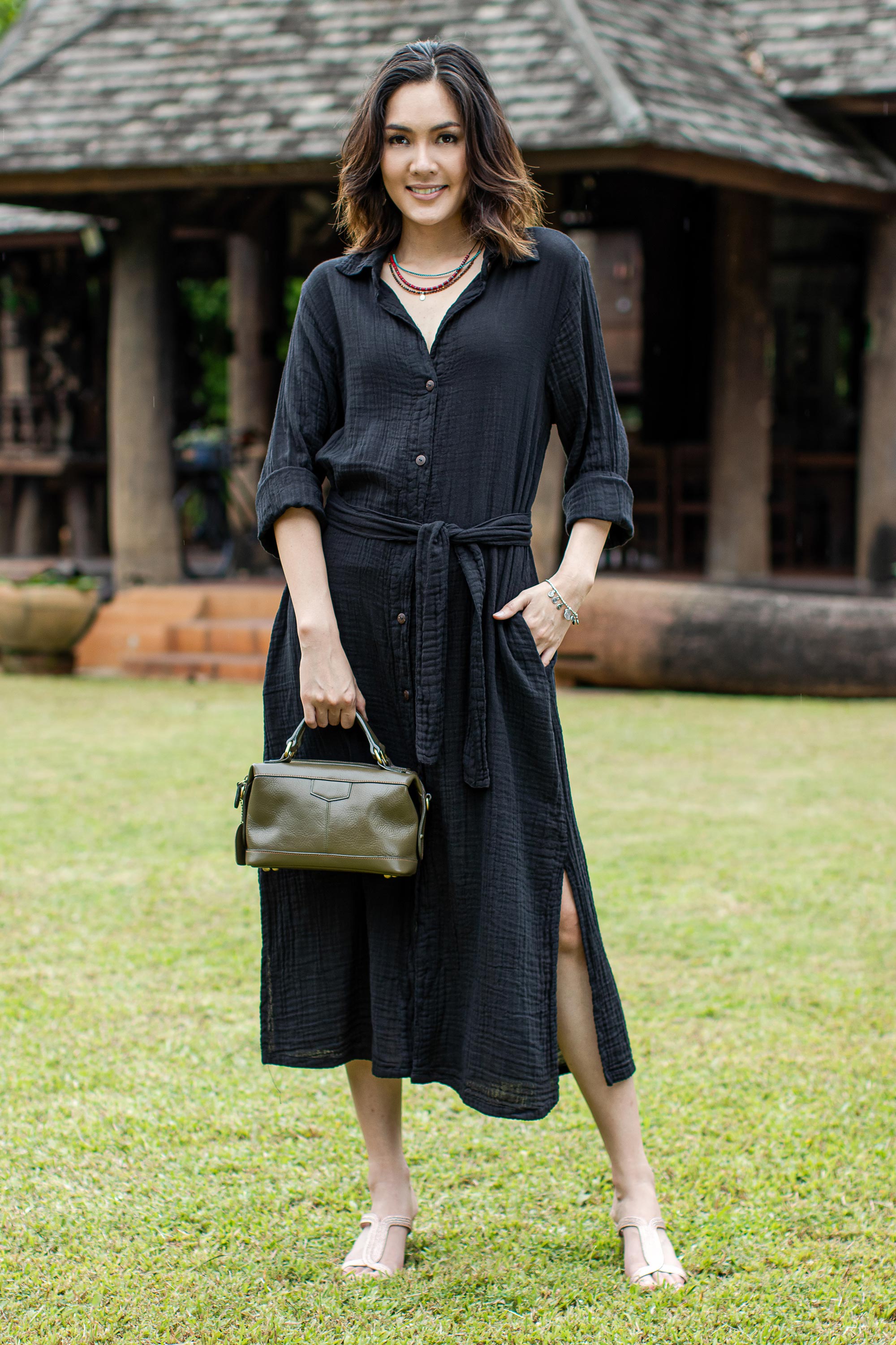 Premium Black Cotton Shirtwaist Dress with Belt - Handcrafted in Thailand