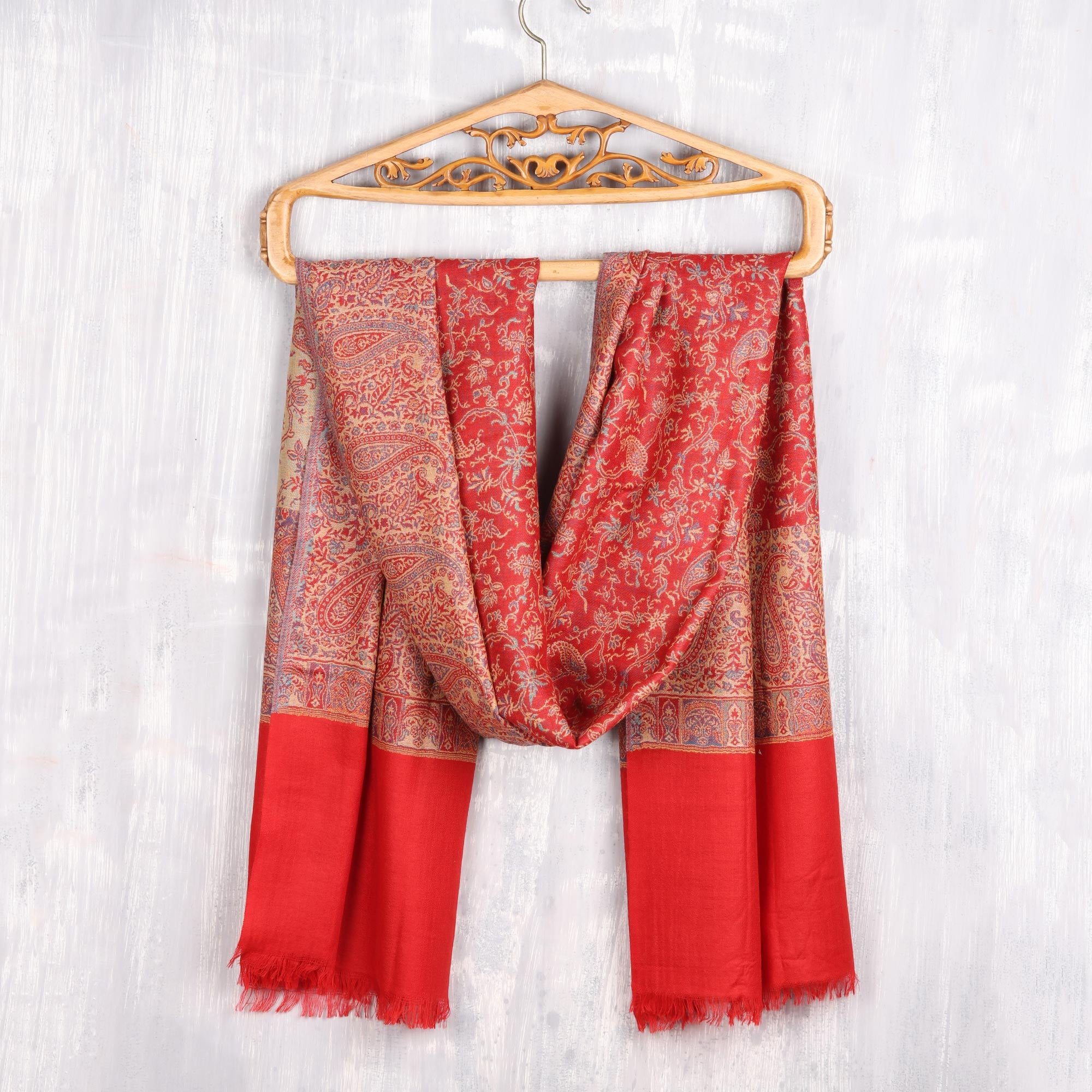 Premium Paisley Glamour Jamawar Wool Shawl - Poppy Red