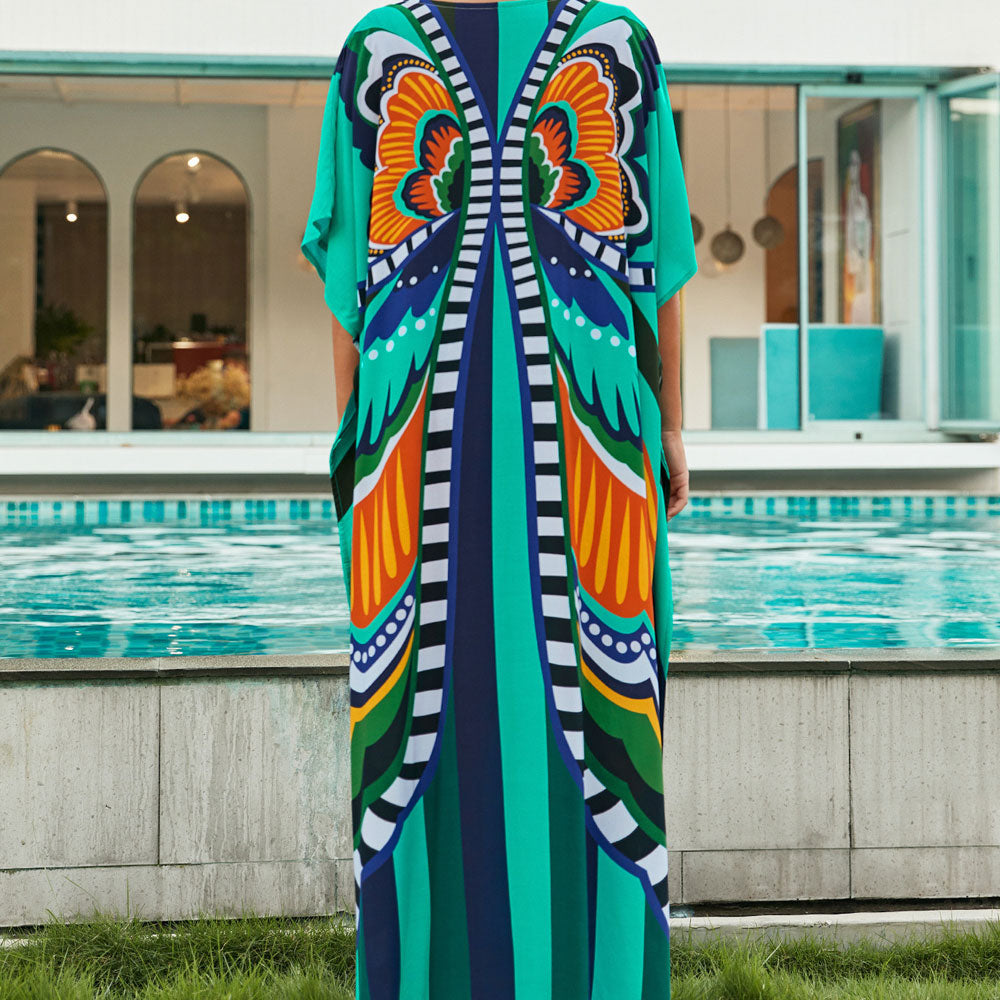 Premium Boho V-Neck Maxi Dress - Vibrant Brazilian Caftan Cover-Up