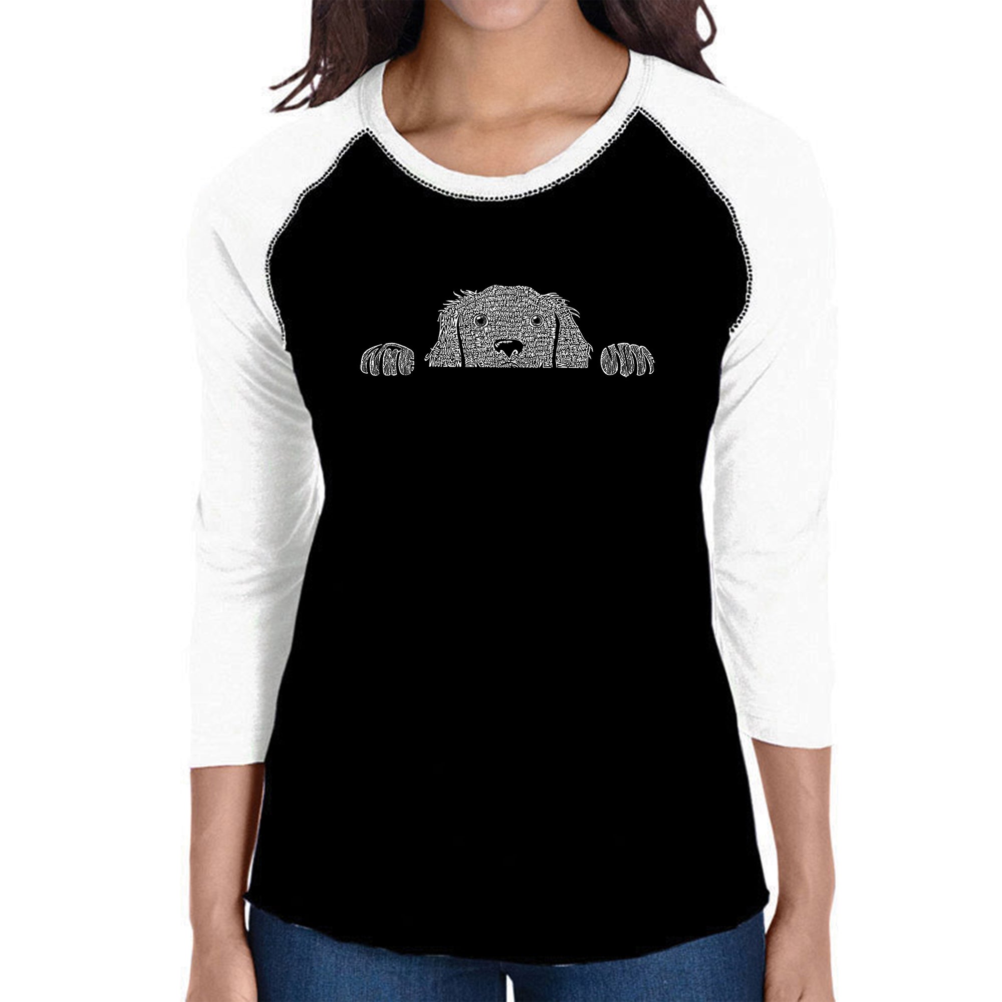 Premium Women's Raglan T-Shirt - Peeking Dog Word Art Design